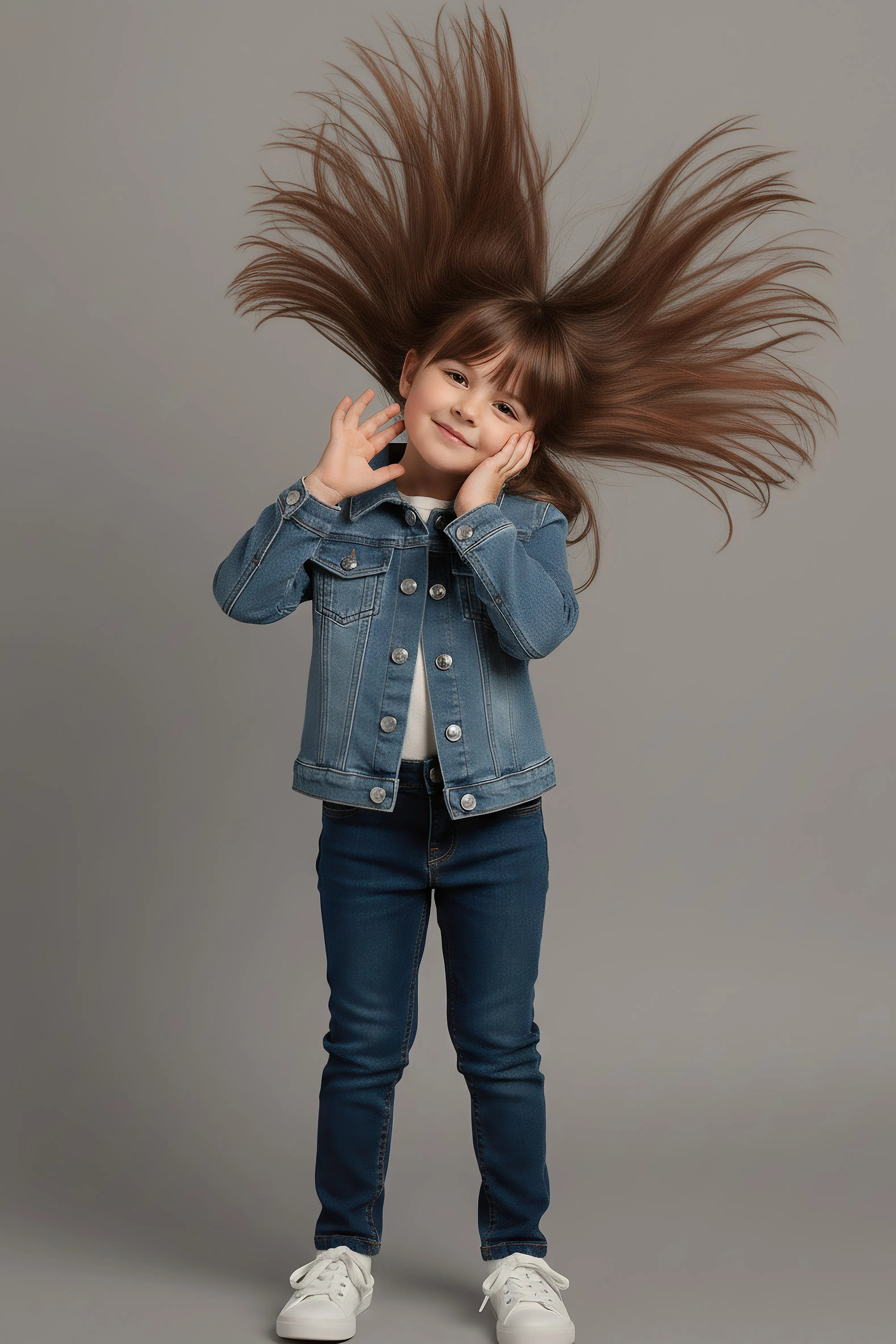 Child with long brown hair being blown by the wind against a gray background
