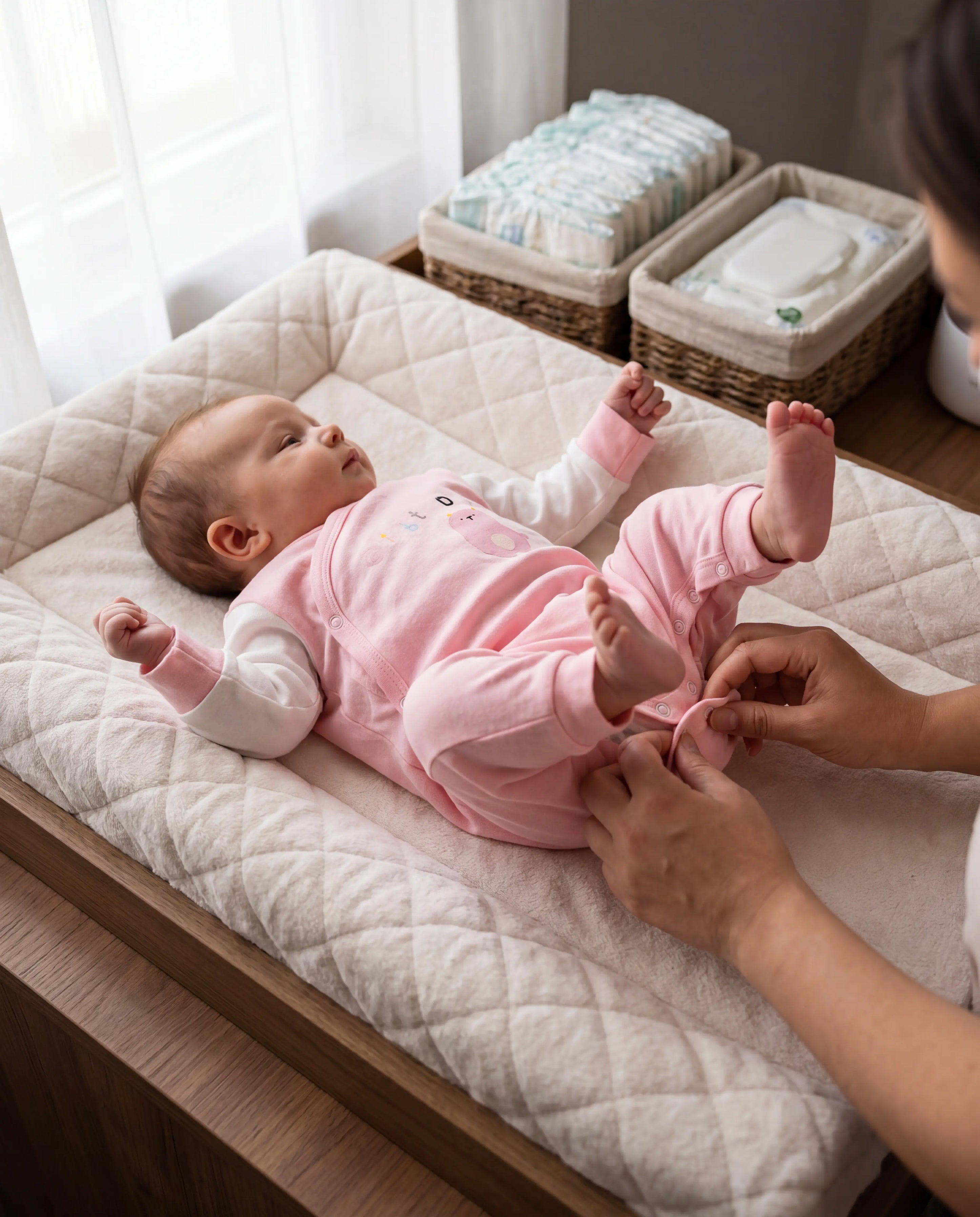 Baby in pink outfit lying on a changing table with adult hands adjusting clothing.
