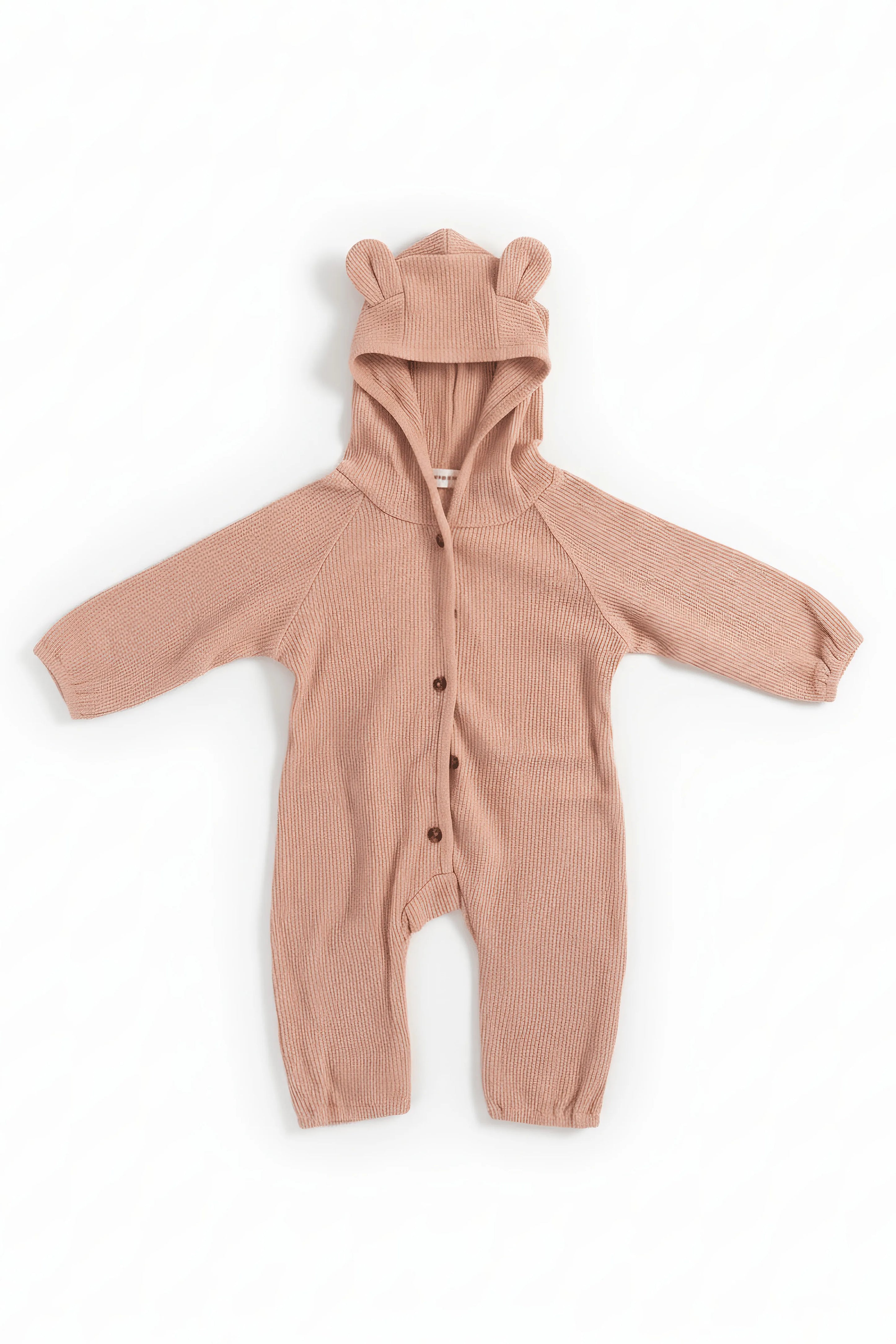 Pink Bubba's and Mama's baby romper with bear ears on a white background