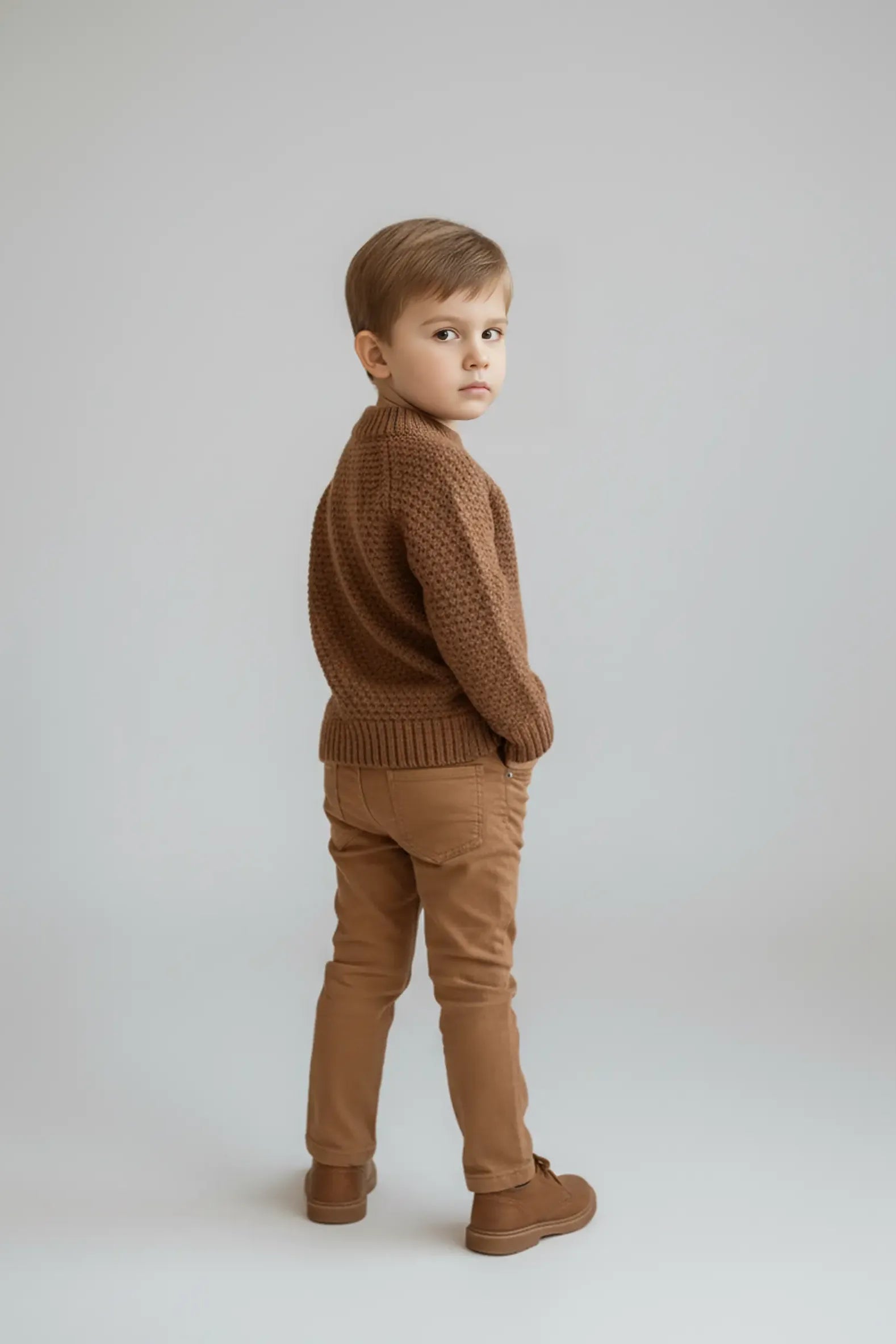 Child wearing a brown knitted Bubba's and Mama's sweater and pants on a plain background