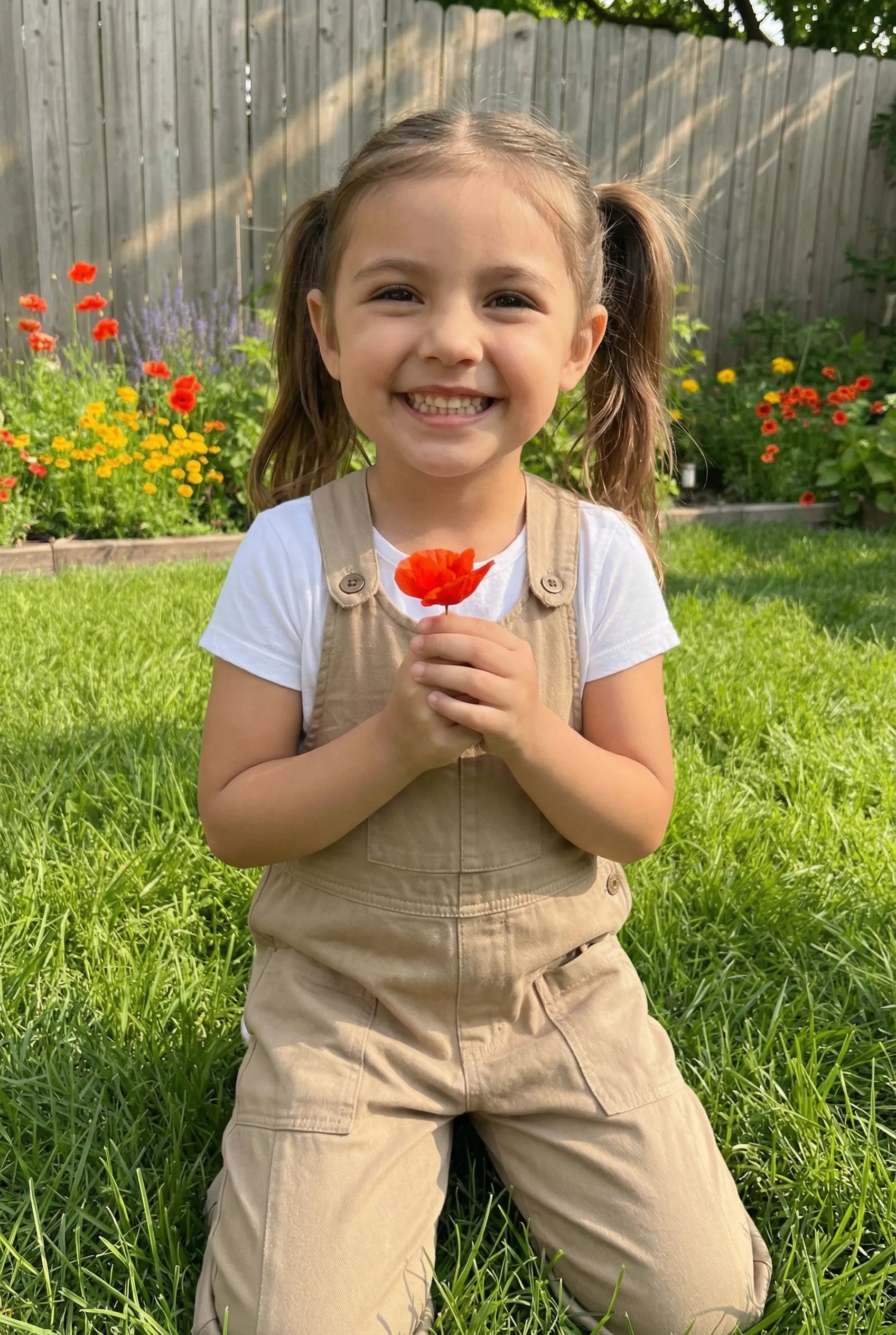 Young girl holding a red flower in a garden