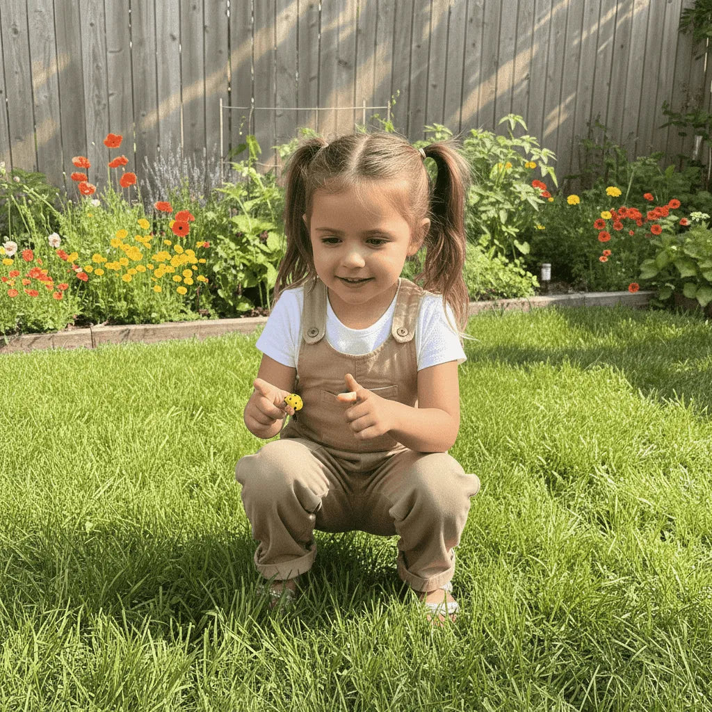 Child in overalls sitting on grass in a garden with flowers