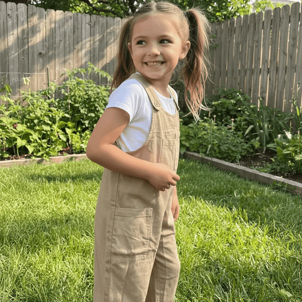 Young girl in beige overalls and white shirt standing in a garden