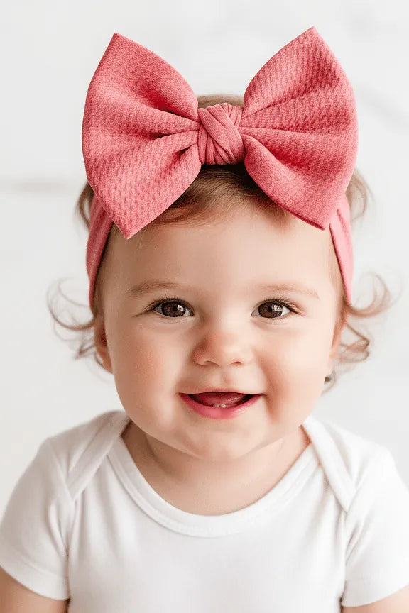 Baby wearing a large pink bow headband on a white background