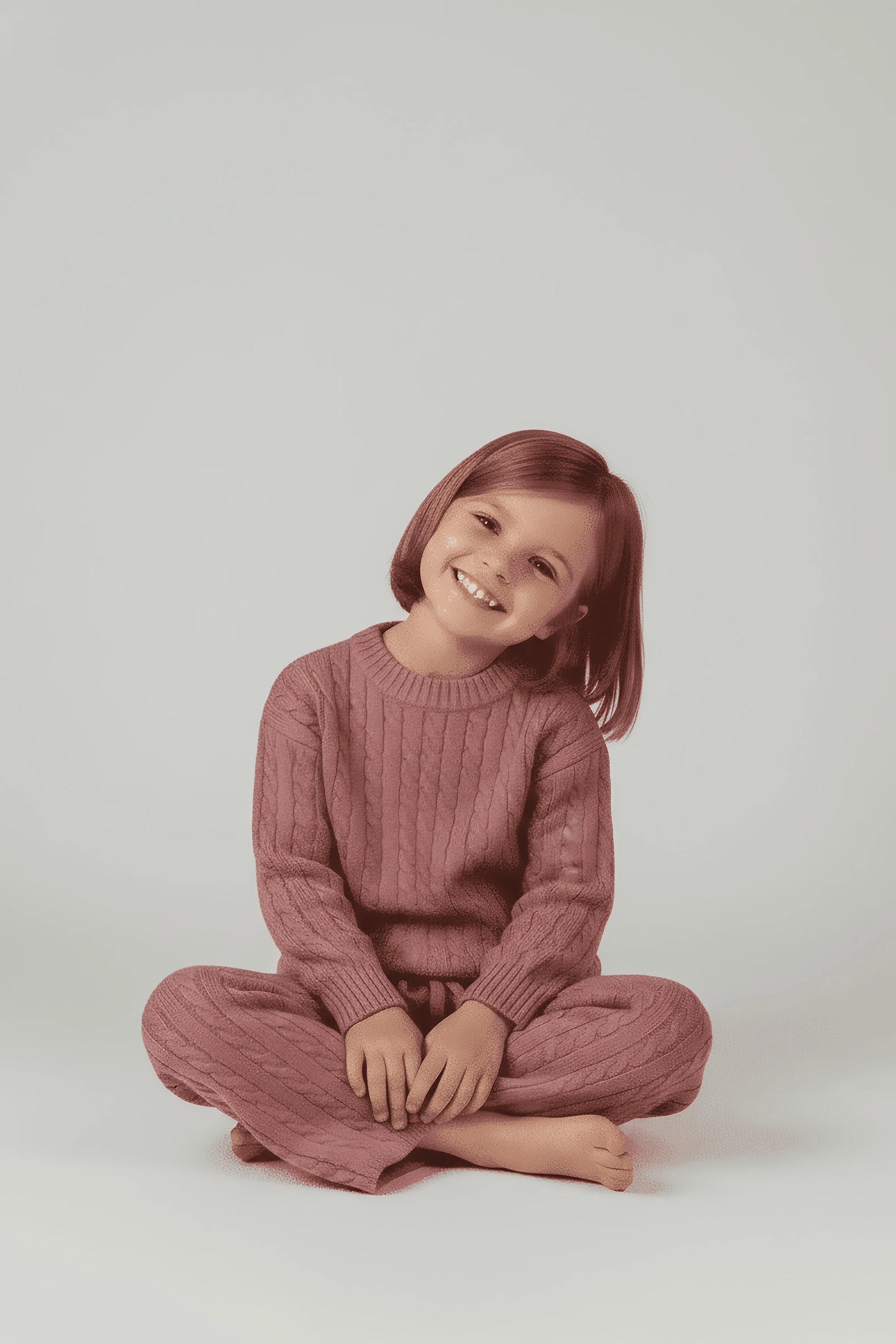Young girl wearing a pink knitted Bubba's and Mama's outfit sitting on a white background