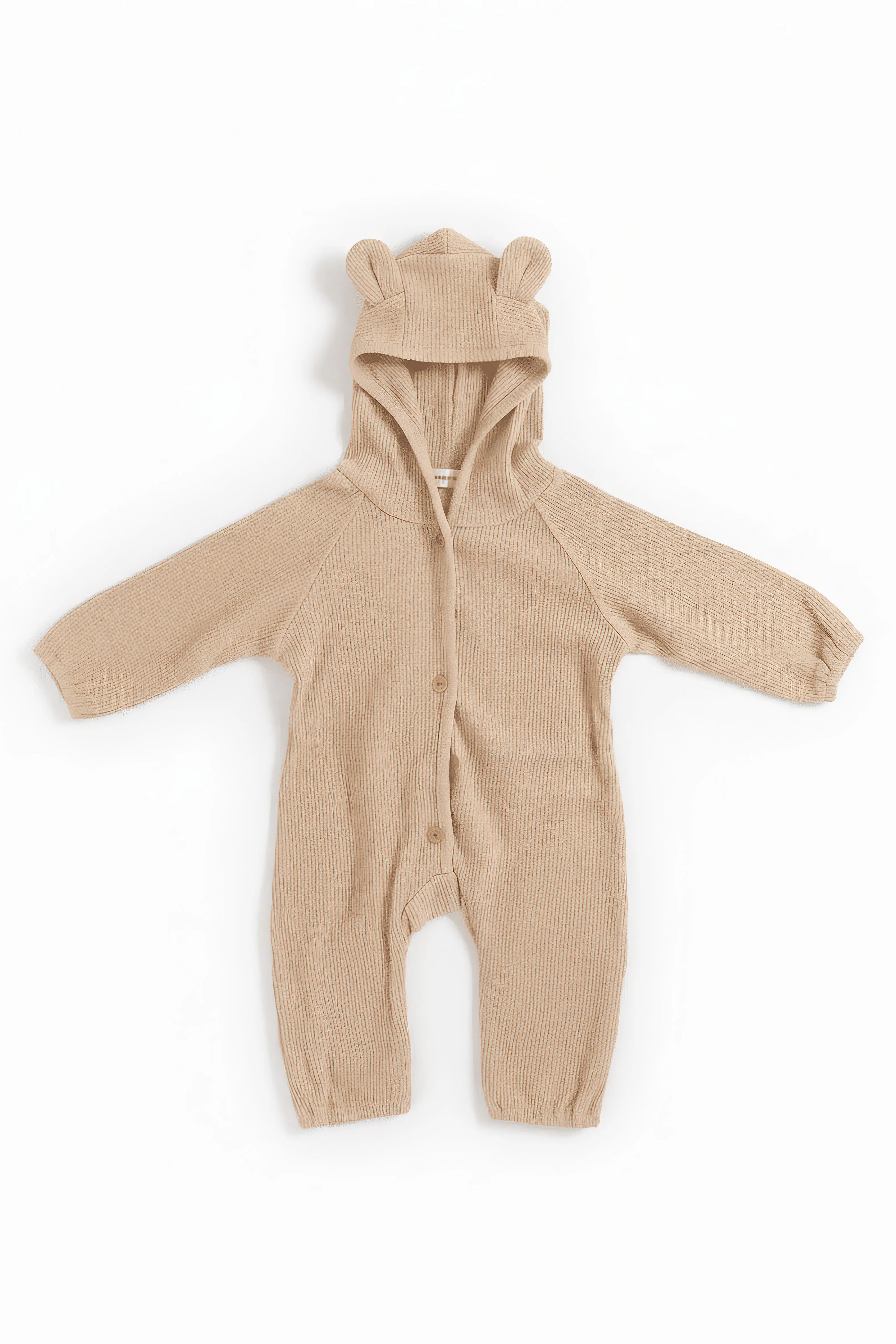 Beige baby Bubba's and Mama's onesie with bear ears on a white background