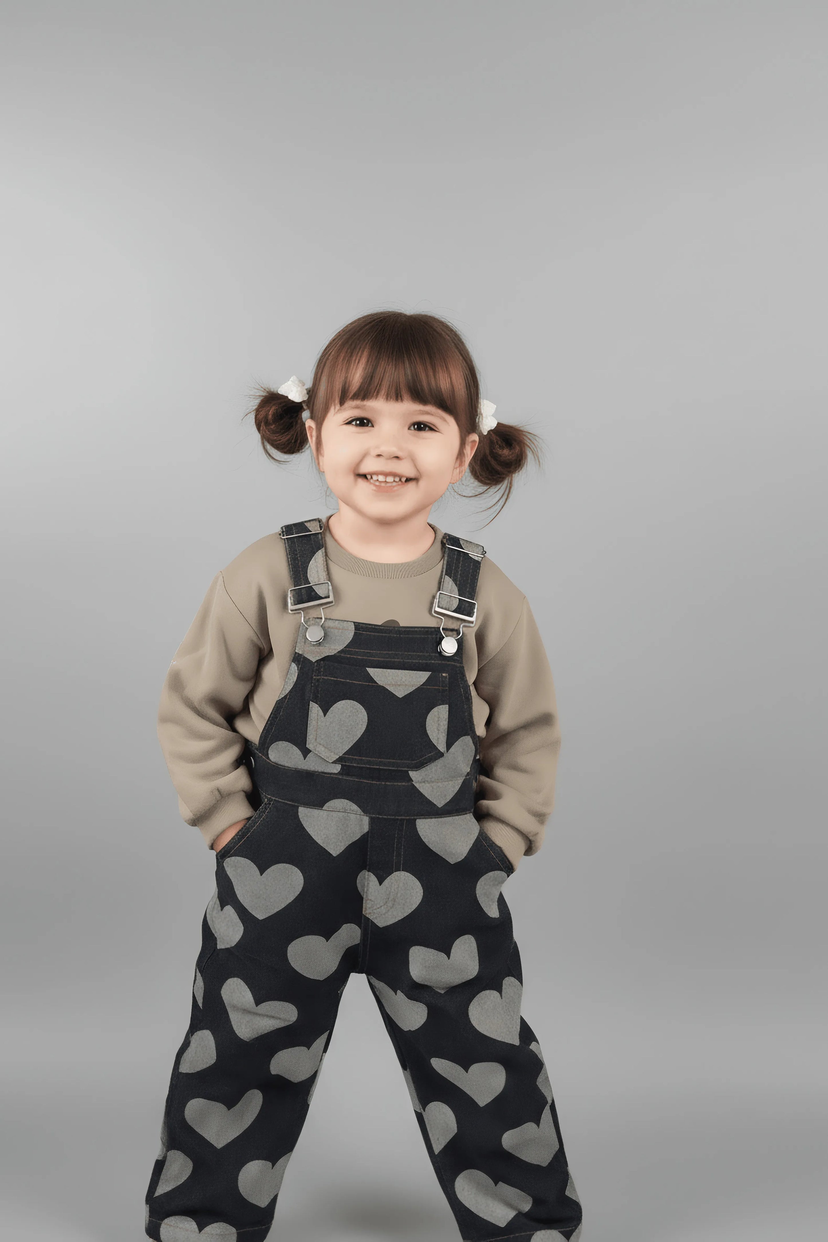 Child wearing black Bubba's and Mama's overalls with heart patterns on a gray background