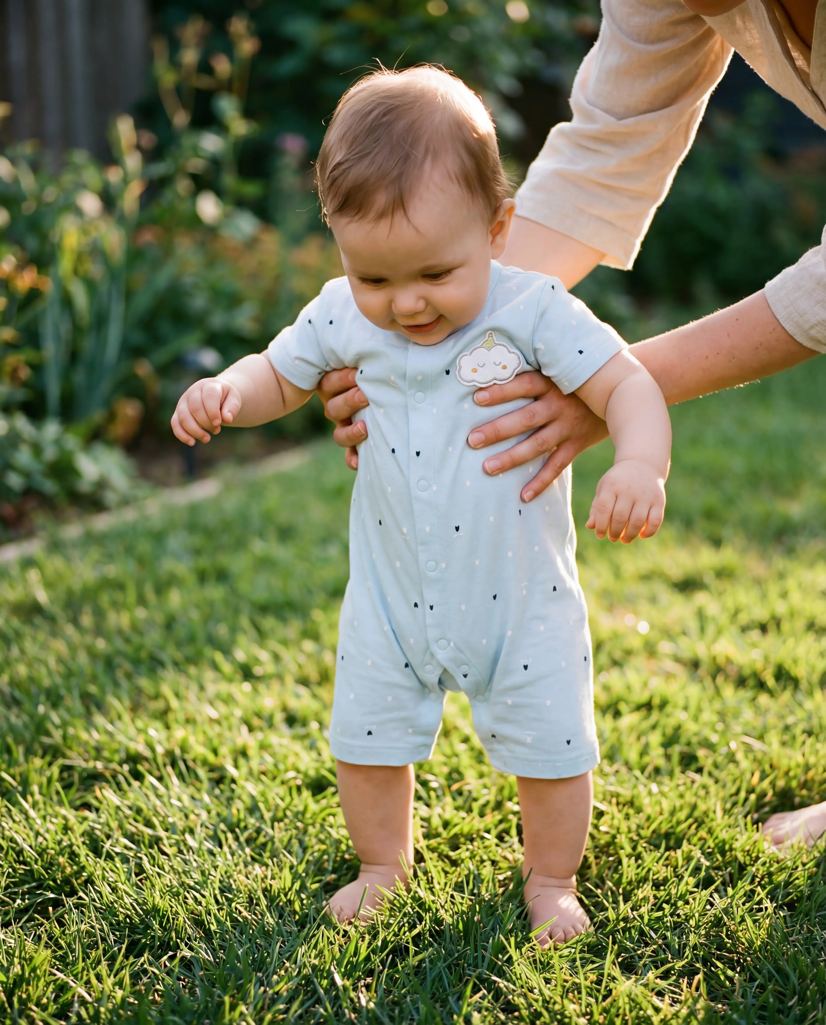 Baby in a light blue romper being supported by an adult outdoors on grass