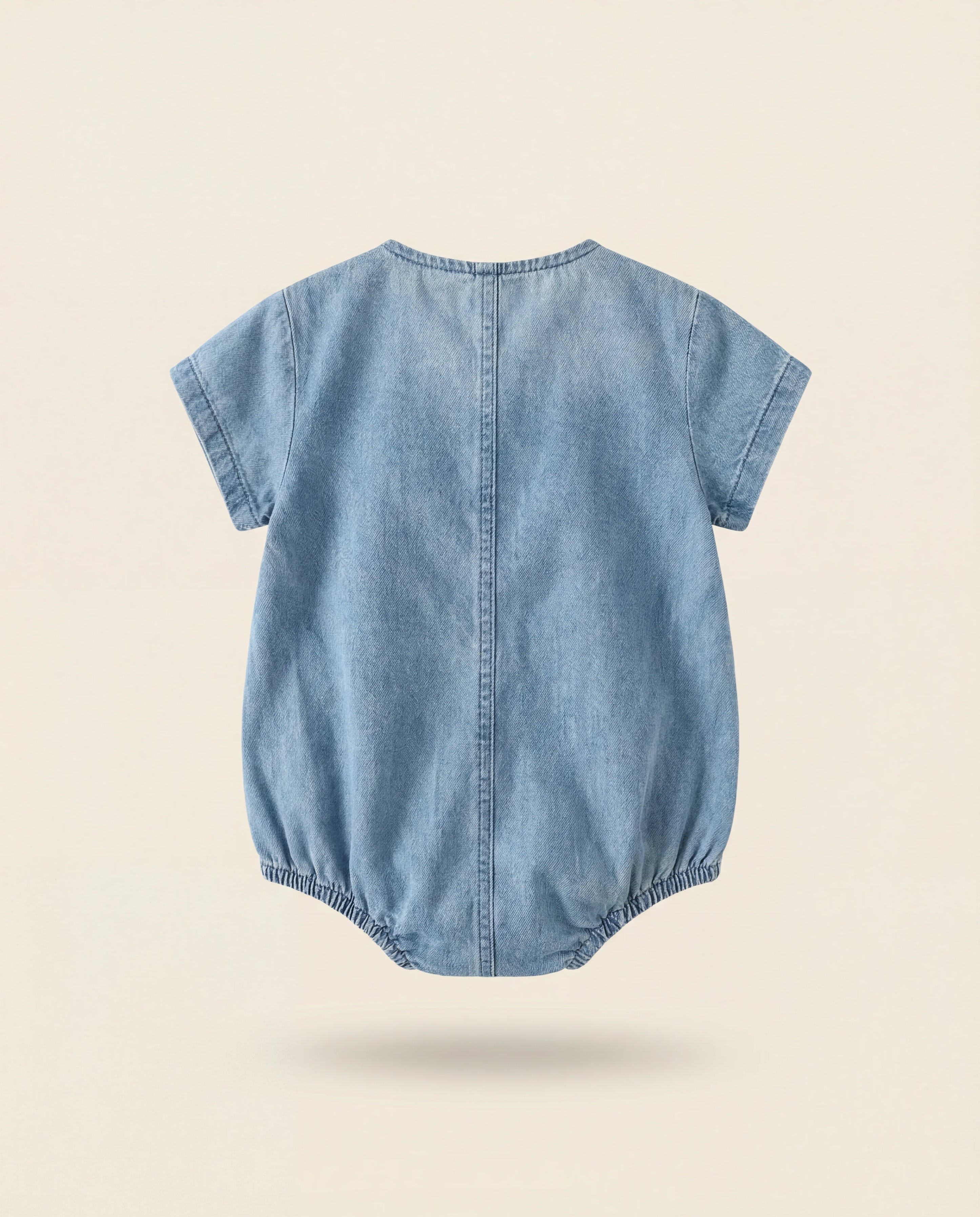 Back view of denim baby romper, soft breathable kids clothing by Bubbas & Mamas Canada