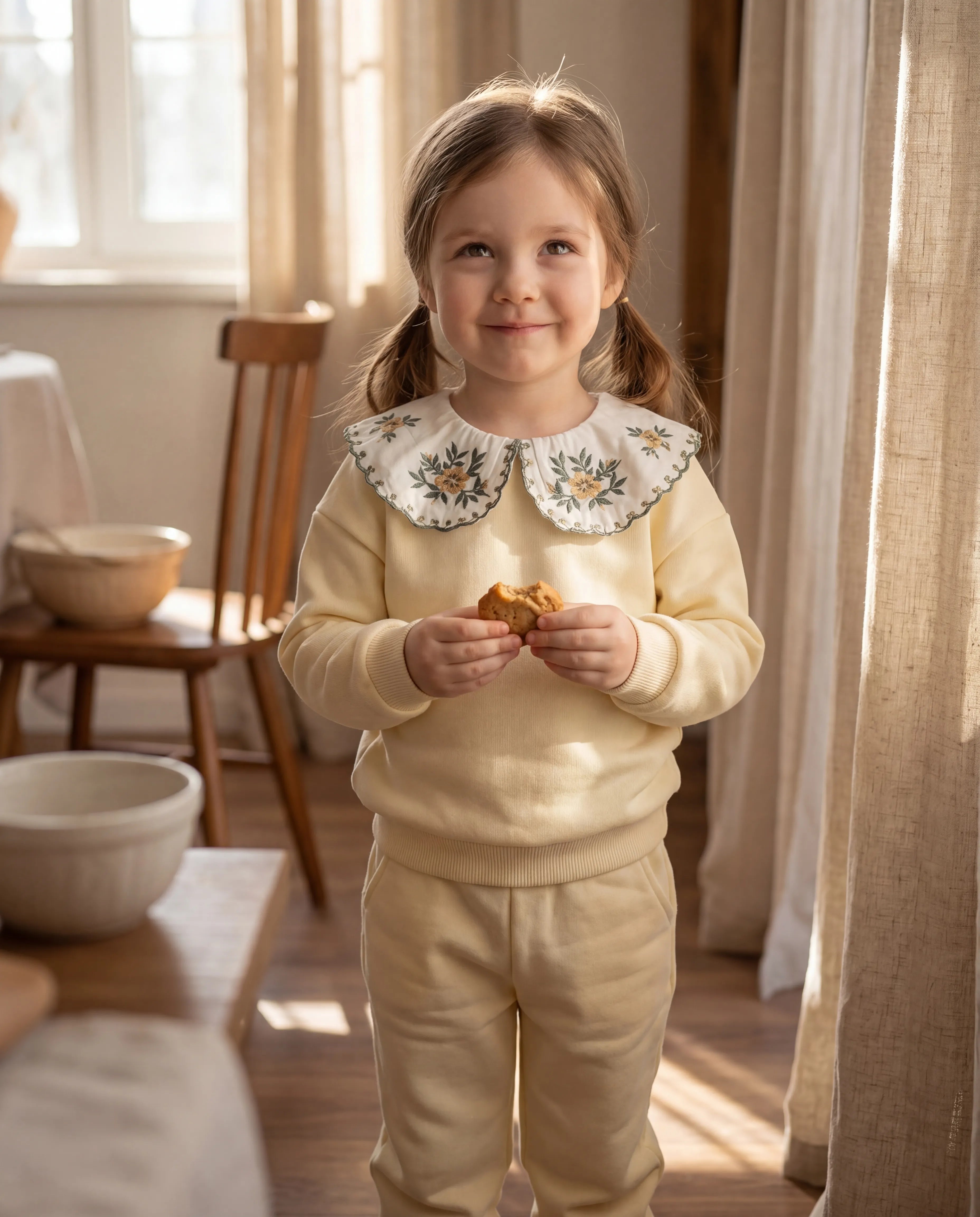 Pastel Yellow Floral Embroidered Collar Top