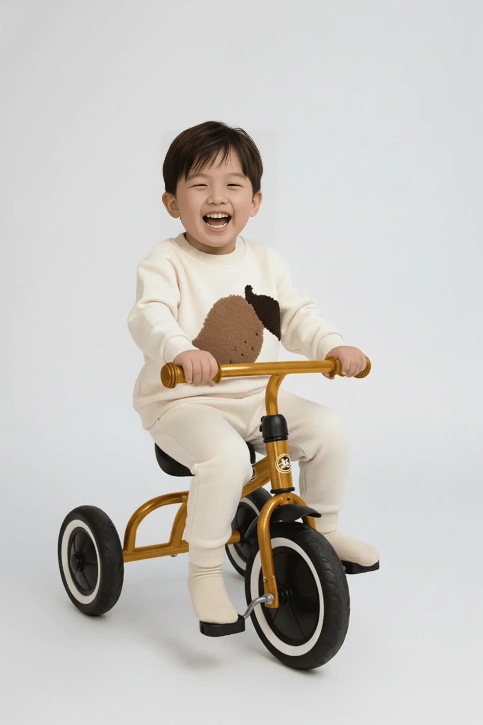 Child riding a tricycle on a white background