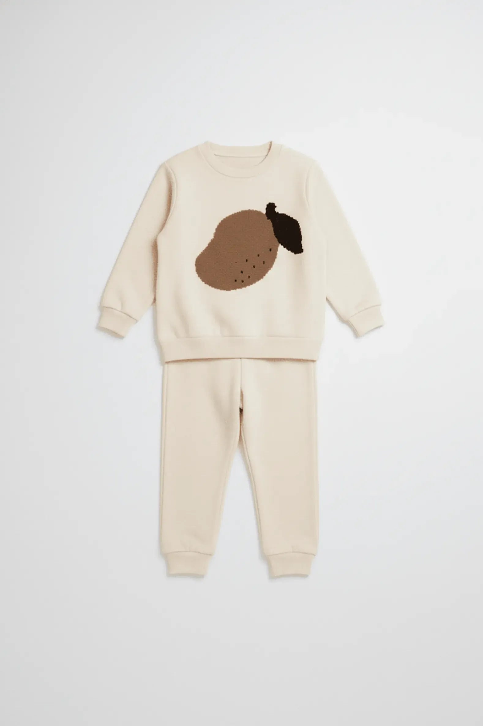 Beige children's Bubba's and Mama's outfit with a brown and black design on a white background