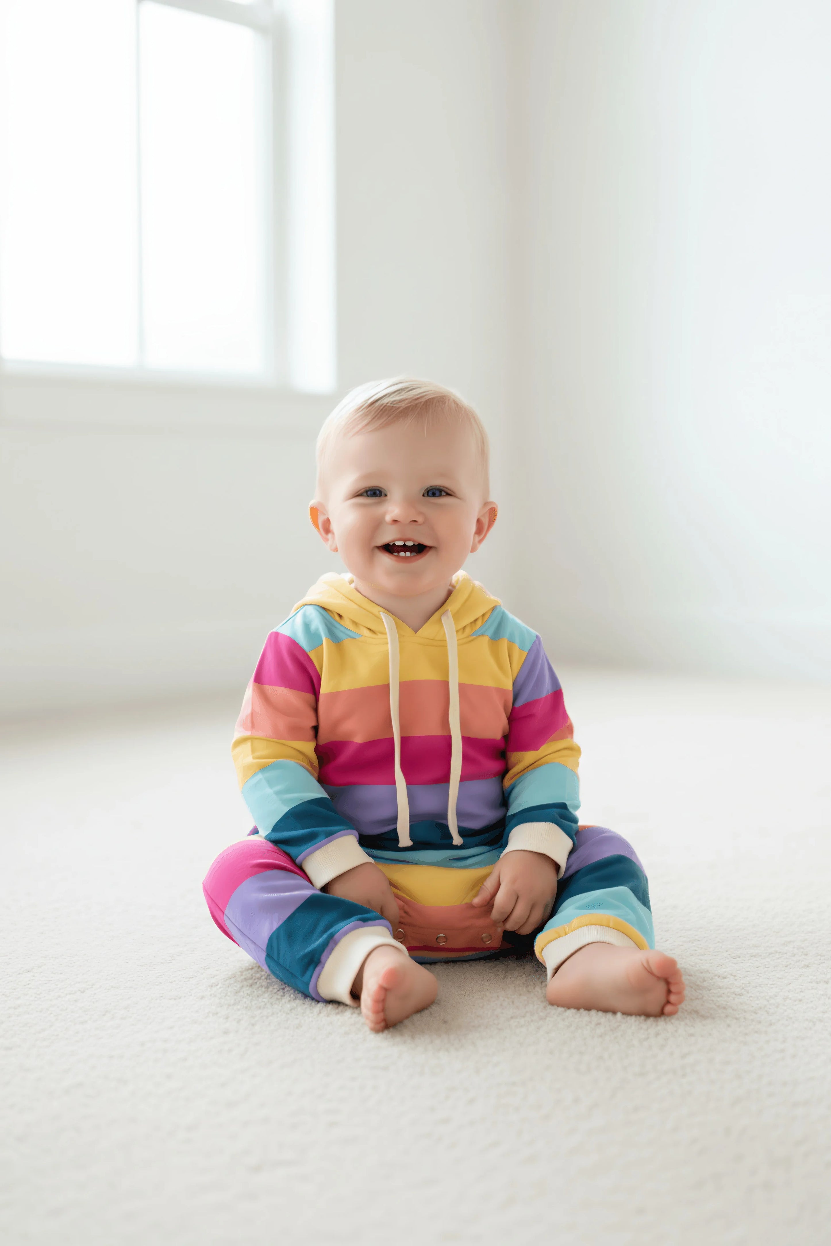 Baby wearing a colorful striped Bubba's and Mama's romper sitting on a white floor.