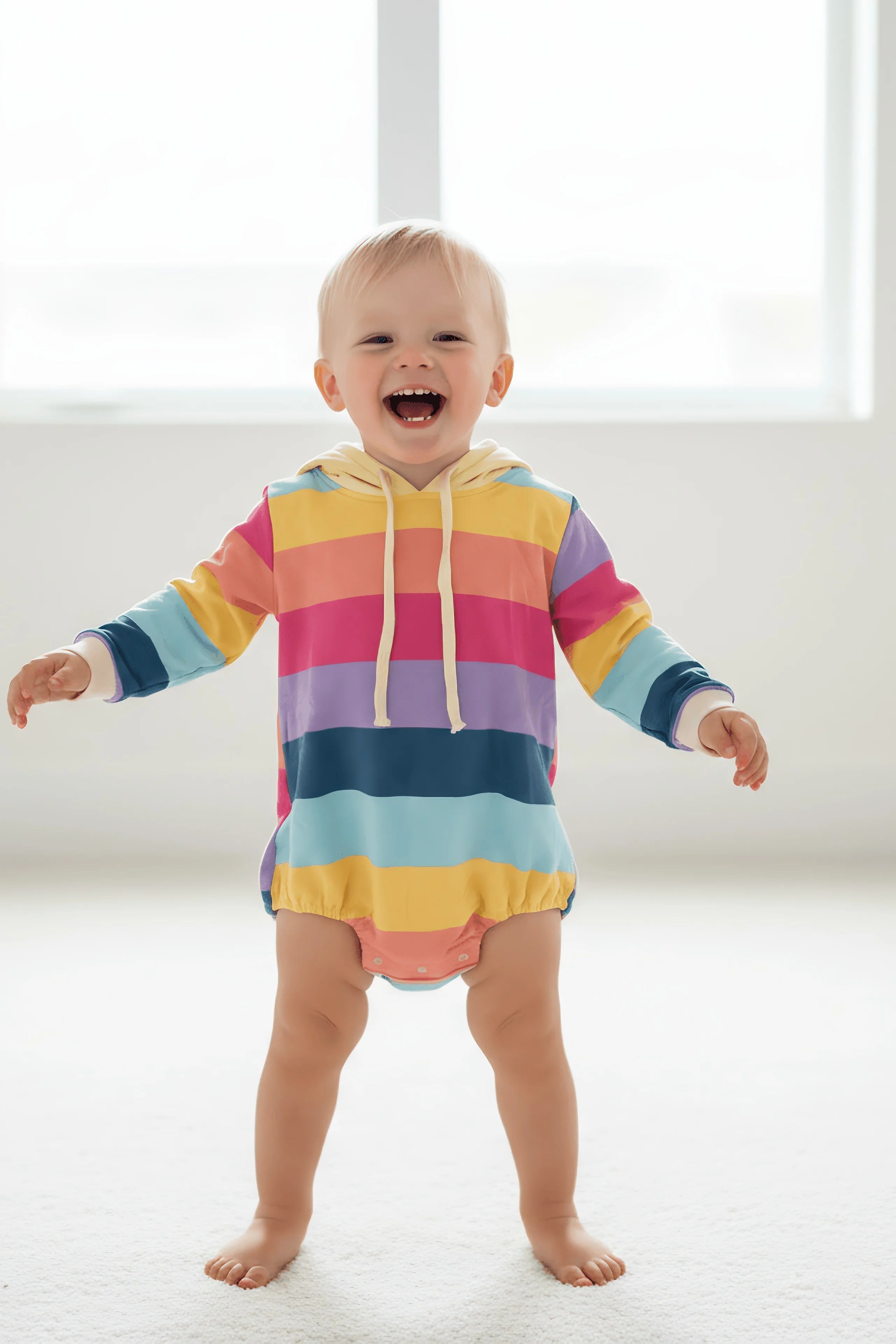 Child wearing a colorful striped hoodie Bubba's and Mama's romper on a white background