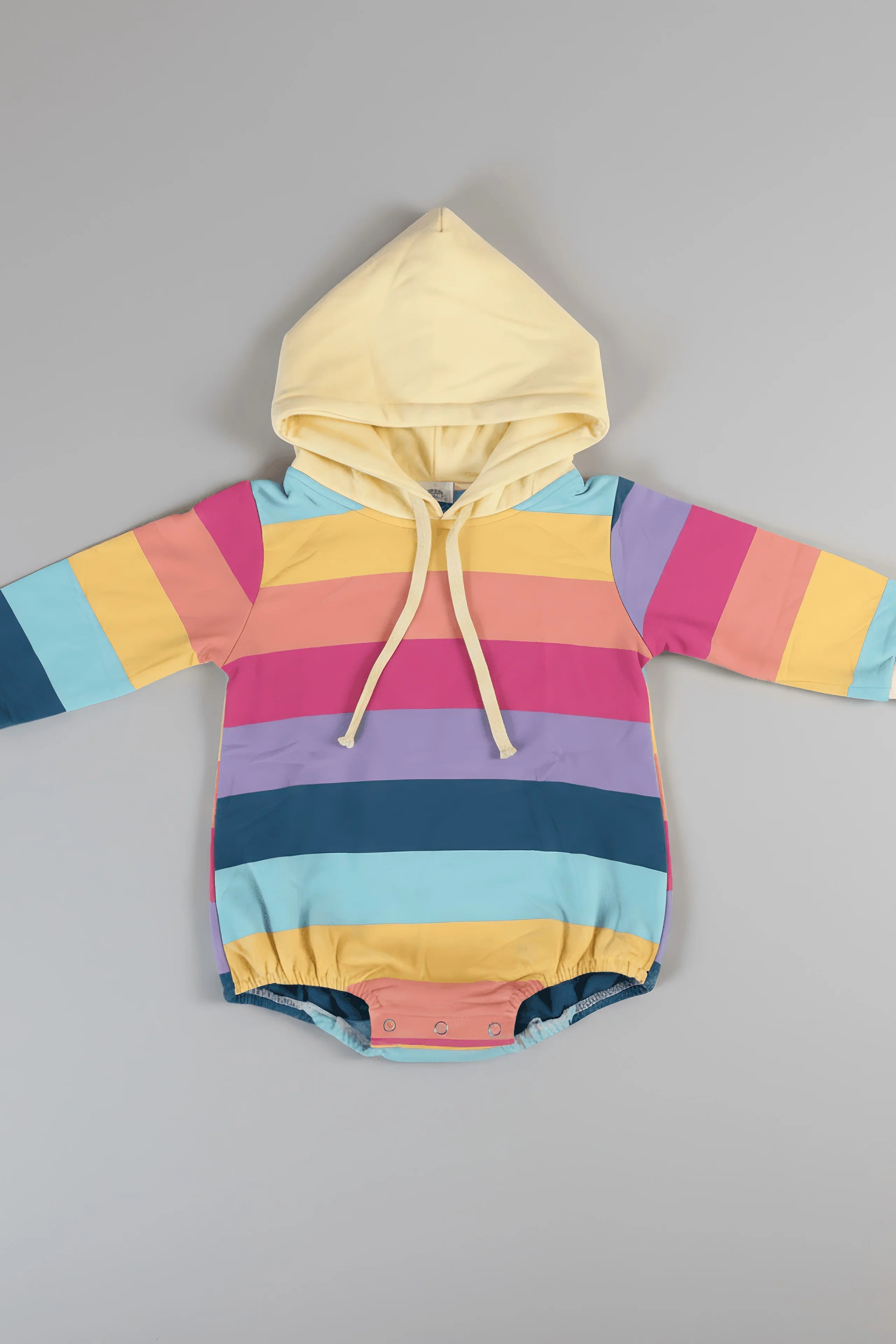 Colorful striped baby Bubba's and Mama's romper with a hood on a gray background