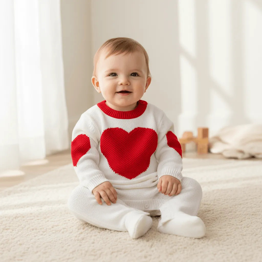 Baby wearing a white sweater with red heart designs sitting on a light-colored floor.