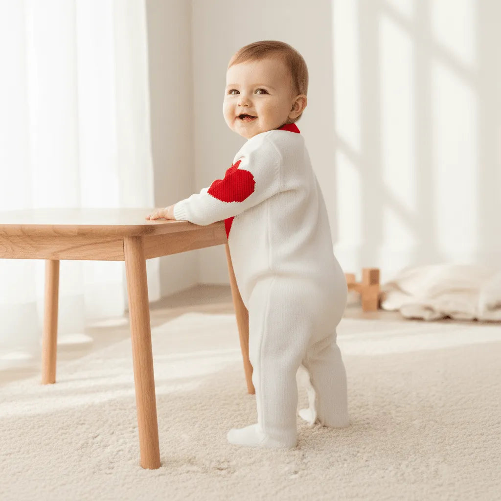 Baby in a white onesie with red hearts standing next to a wooden table in a bright room.