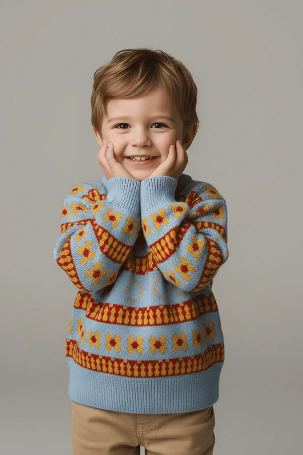Child wearing a colorful Bubba's and Mama's sweater with a pattern on a plain background