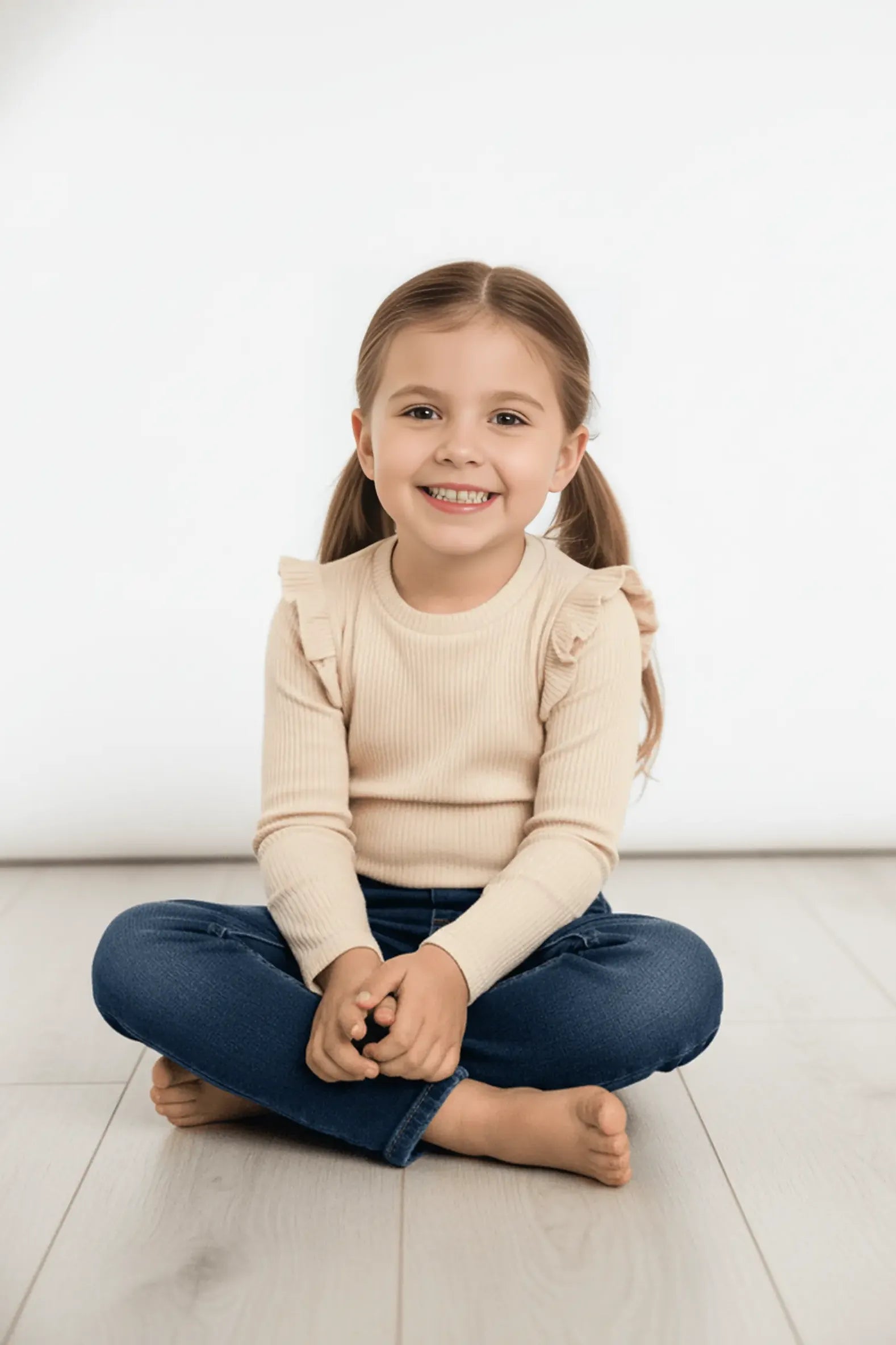 Young girl sitting on a white floor wearing a beige Bubba's and Mama's sweater and blue jeans, smiling.