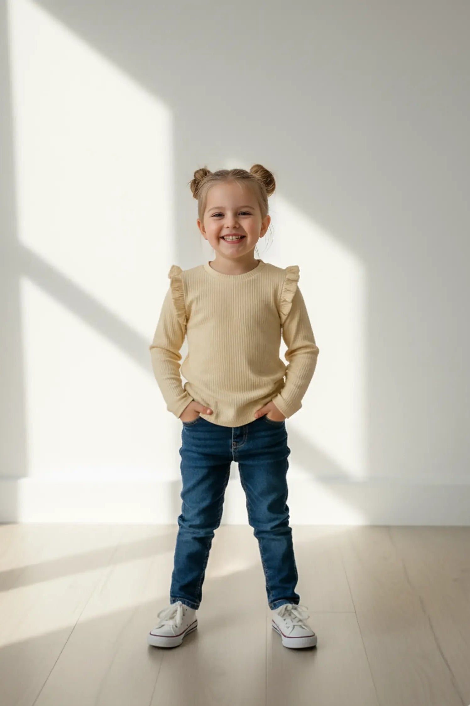 Child wearing a beige Bubba's and Mama's top and blue jeans standing in a well-lit room.