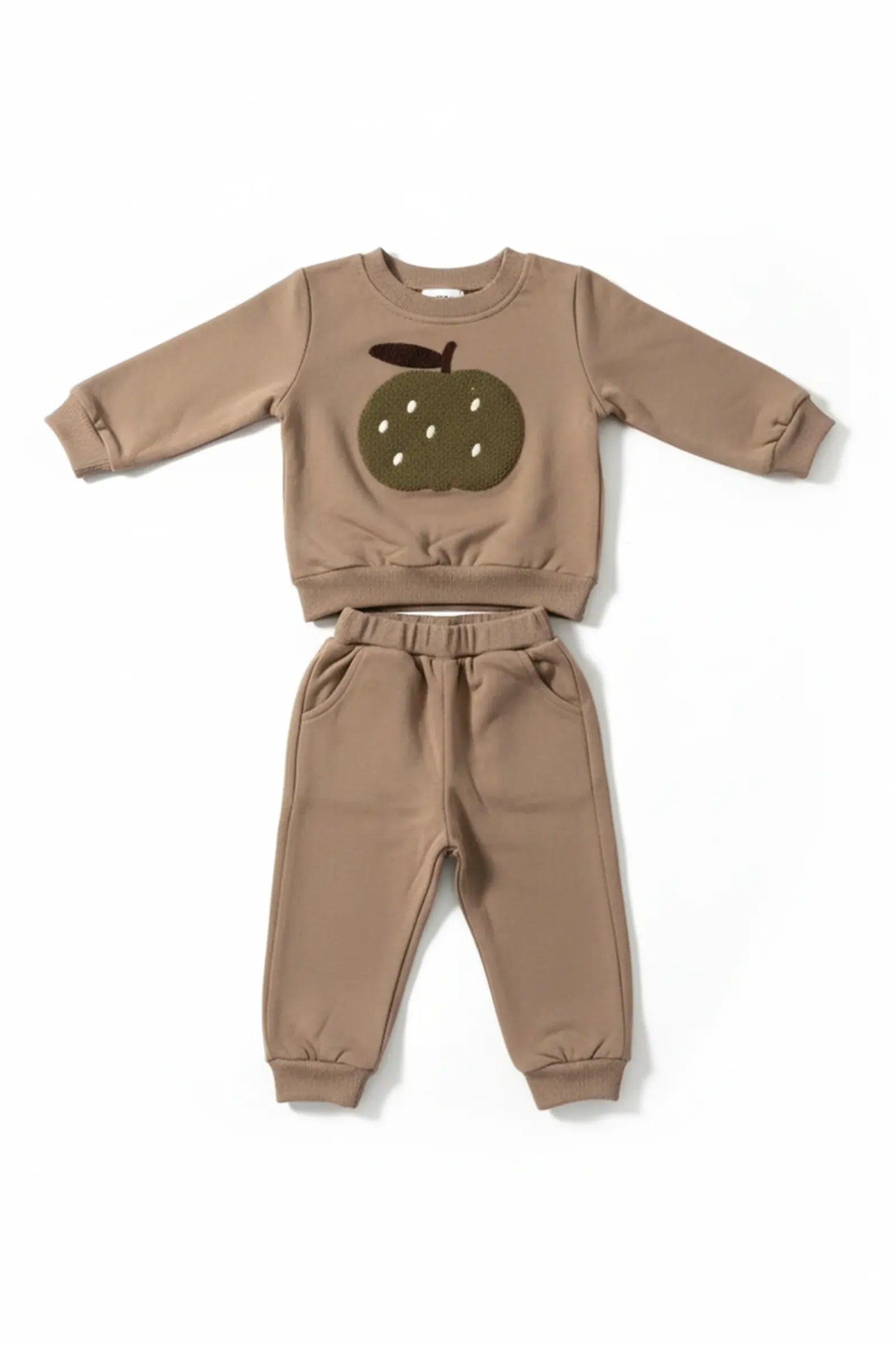Children's brown Bubba's and Mama's sweatshirt and pants set with an apple design on a white background