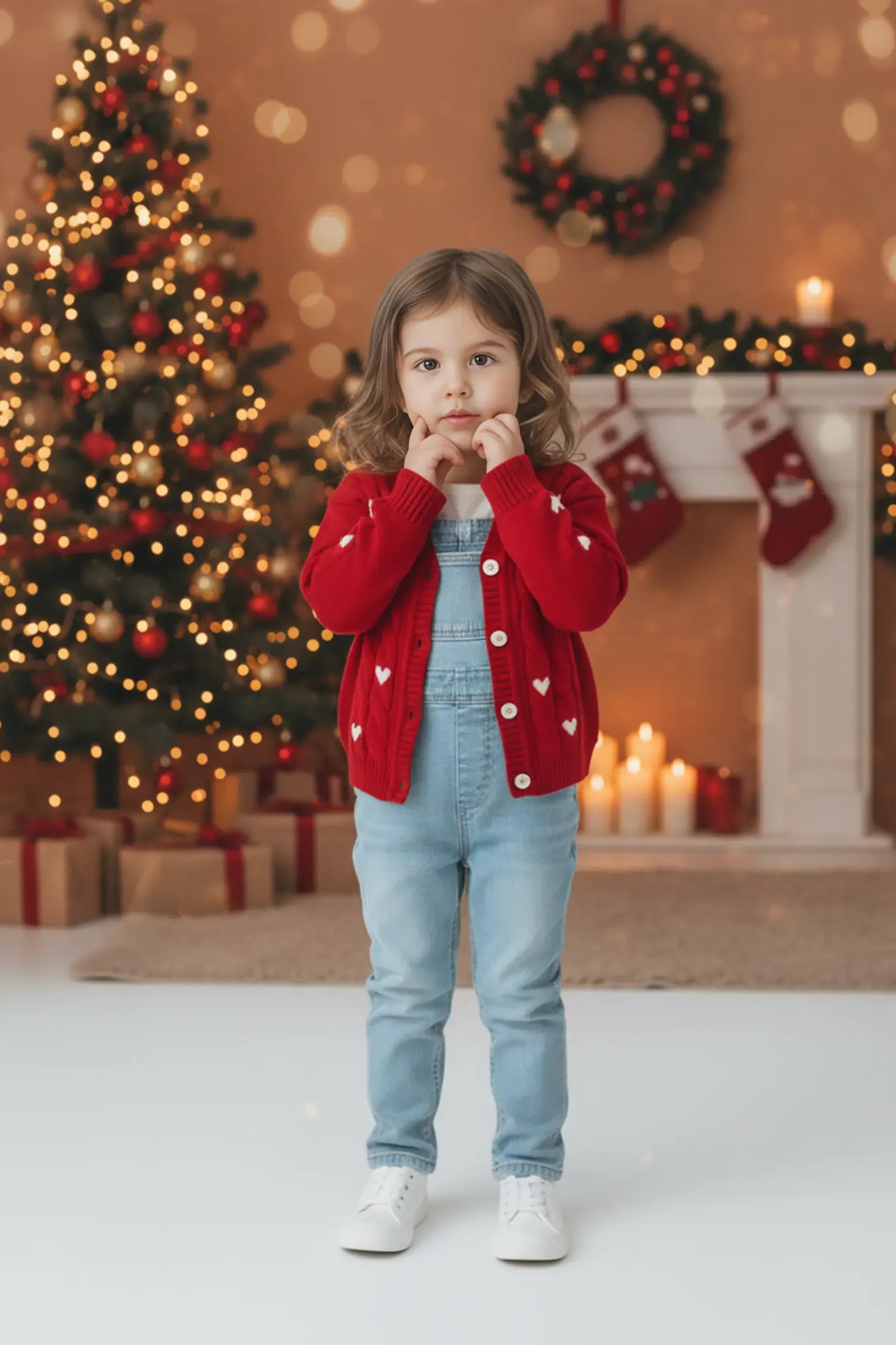 Child in a red Bubba's and Mama's cardigan standing in a festive room with Christmas decorations.