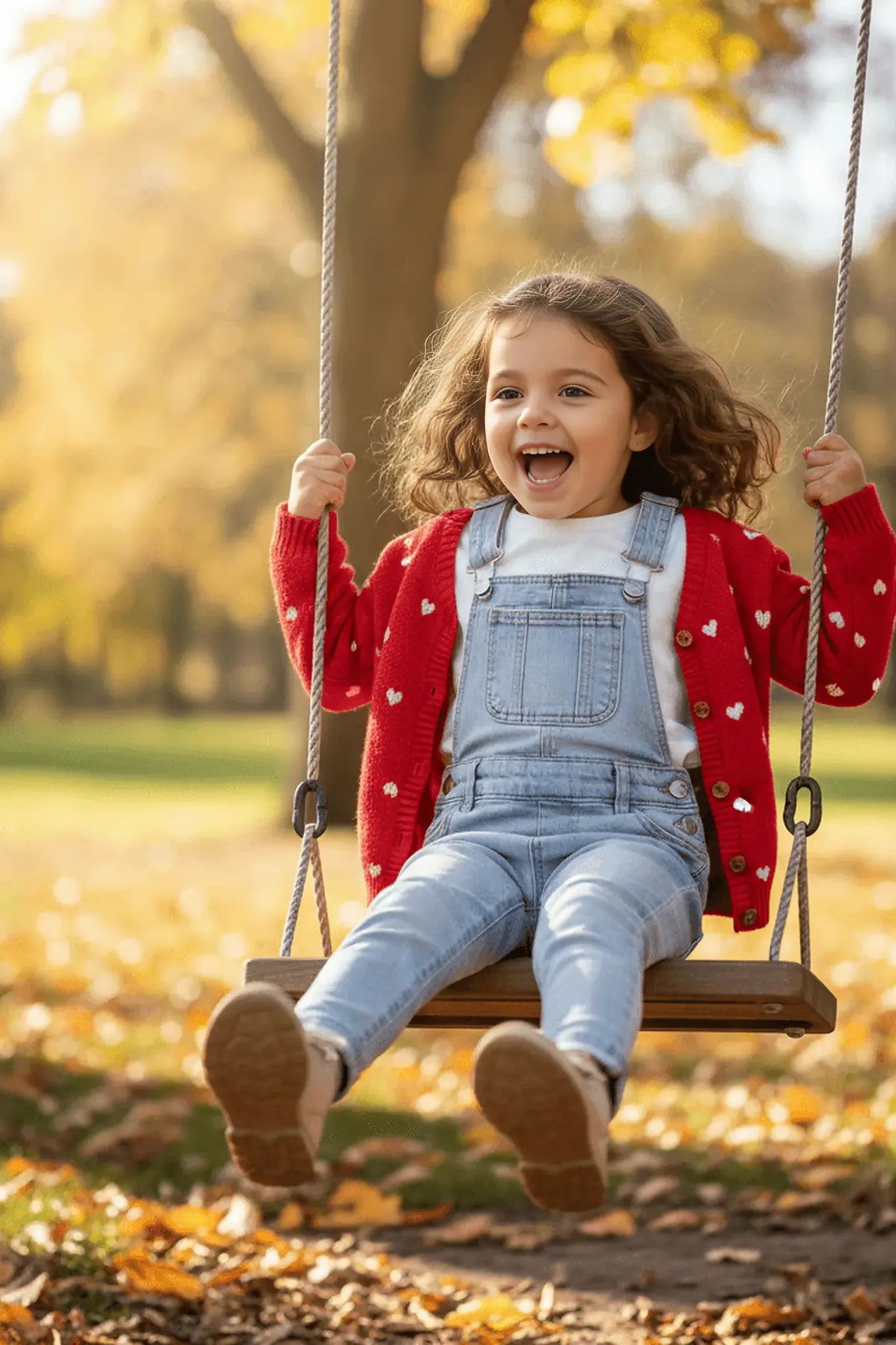Child in red Bubba's and Mama's cardigan and blue overalls on a swing in an autumn park