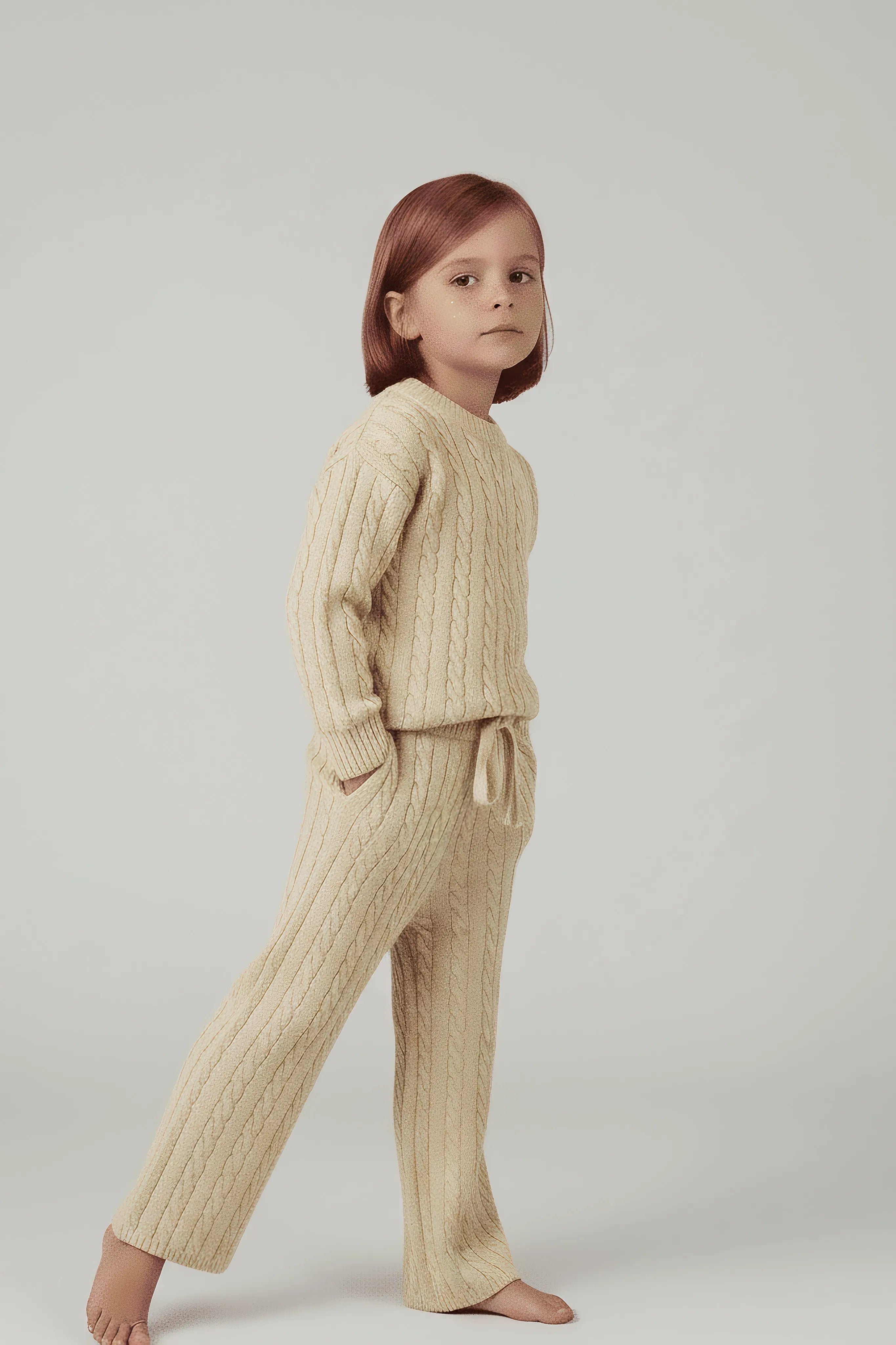 Child wearing a beige knitted Bubba's and Mama's outfit on a plain background