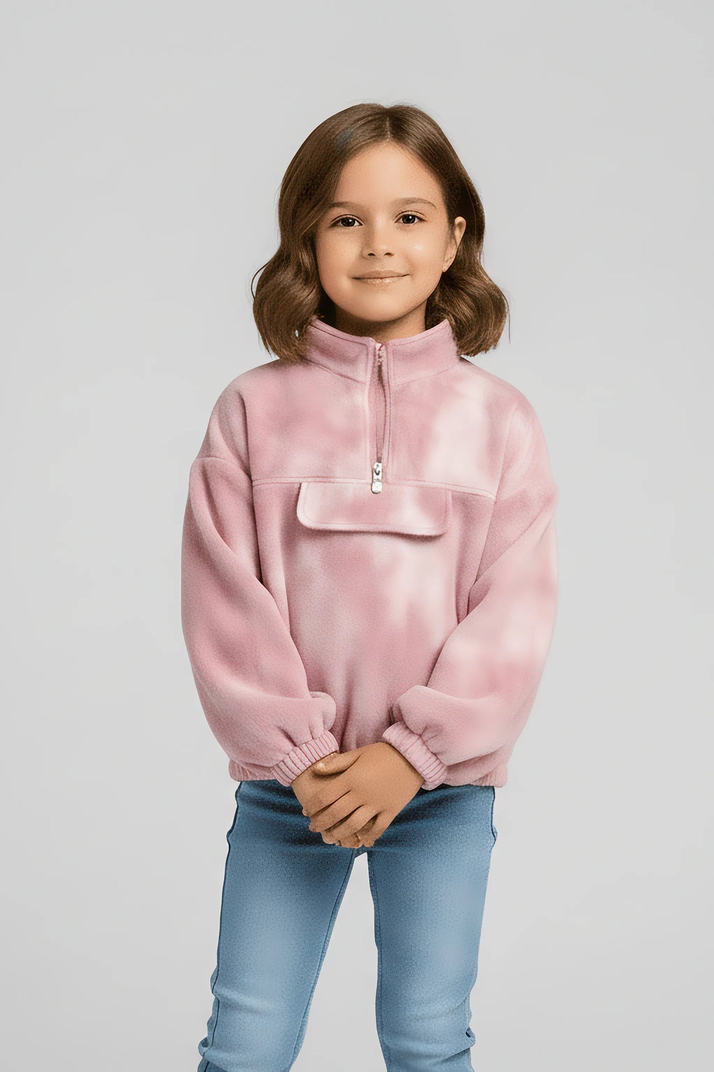 Young girl wearing a pink fleece Bubba's and Mama's pullover with a white background