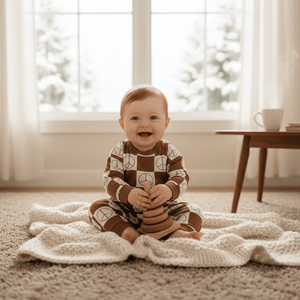 Baby sitting on a blanket in a room with large windows