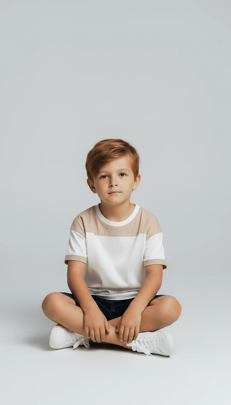 Young boy sitting on the floor against a plain background