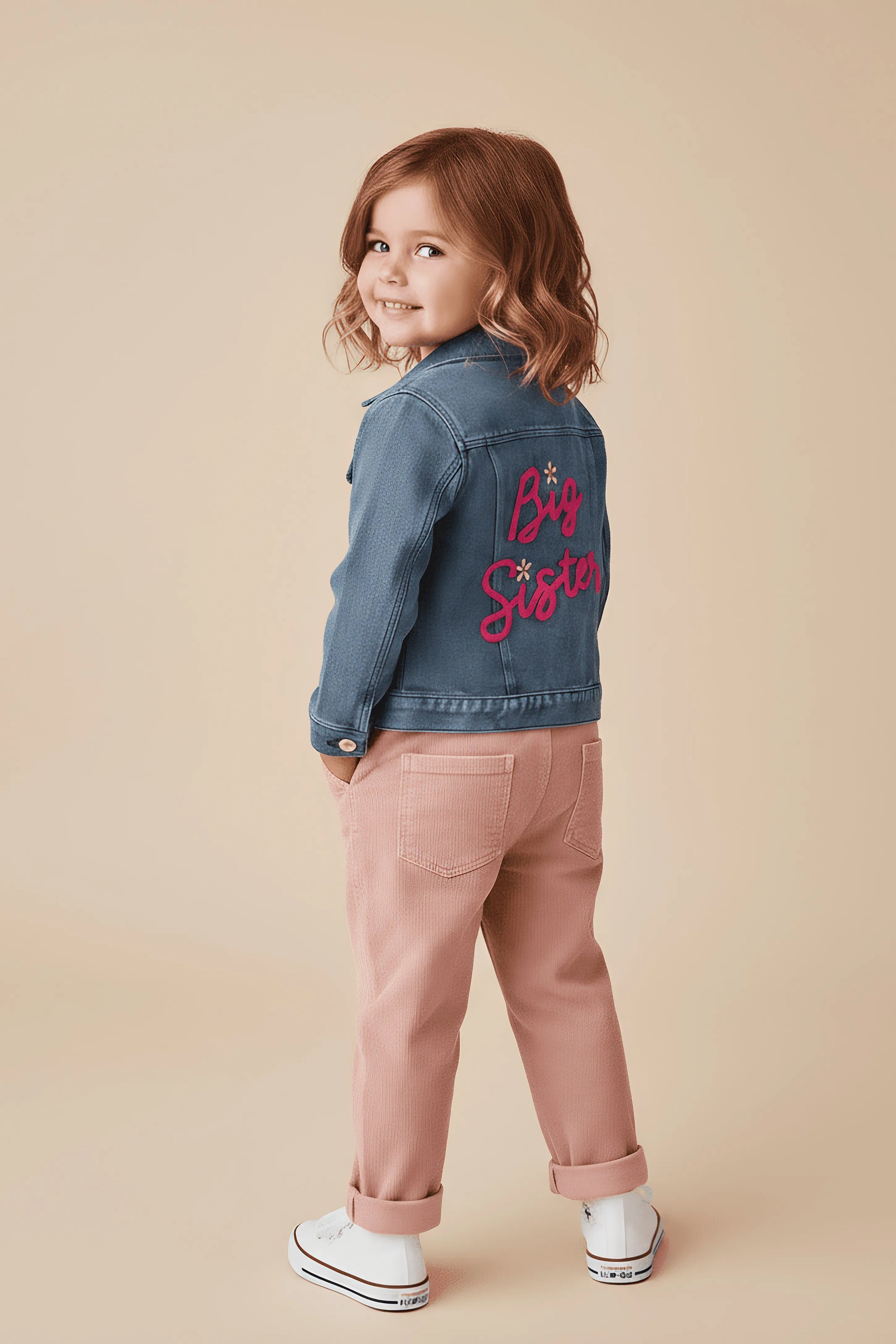 Child wearing a denim Bubba's and Mama's jacket with pink text design on a beige background