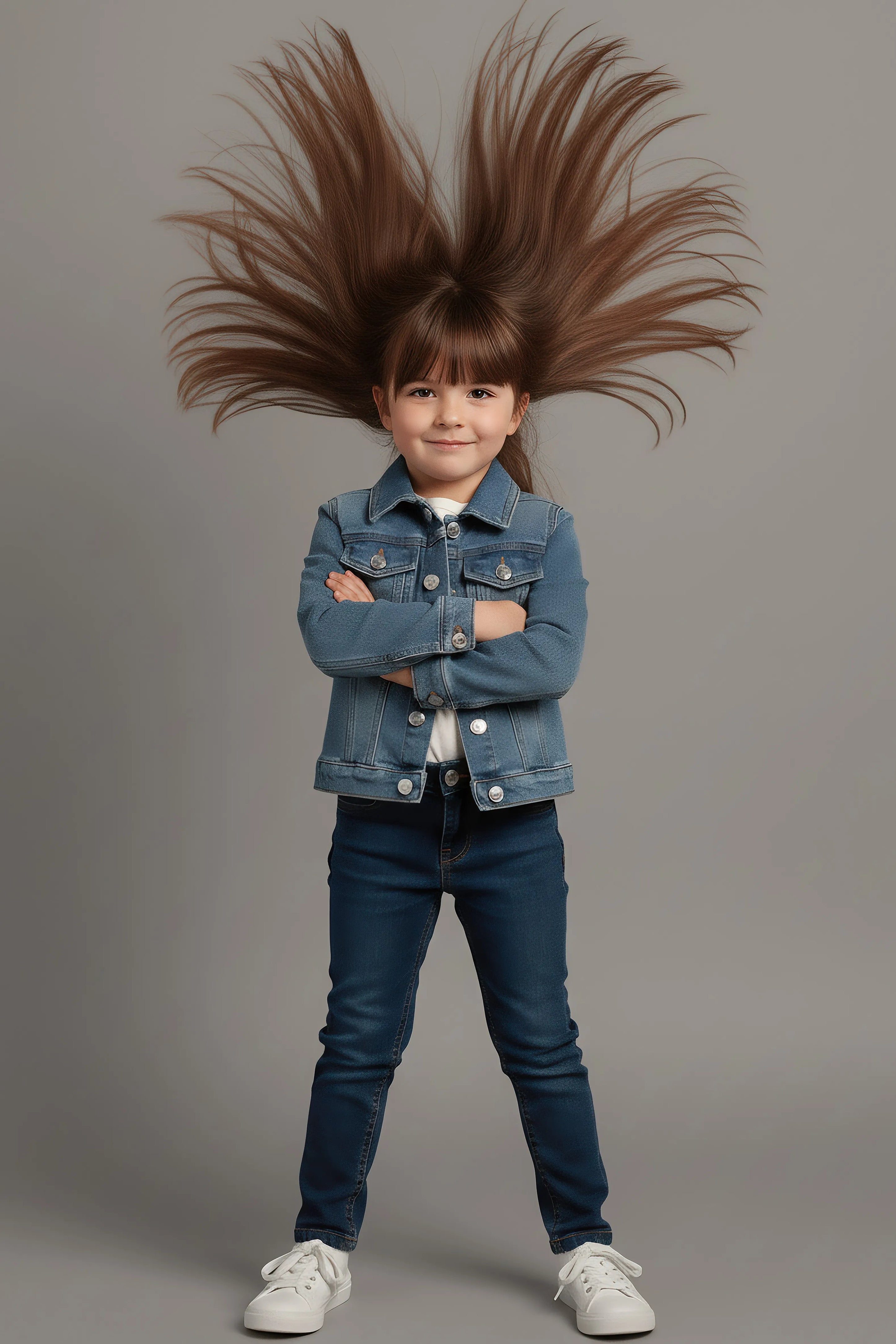 Child wearing a denim Bubba's and Mama's jacket with long hair flowing outwards against a gray background