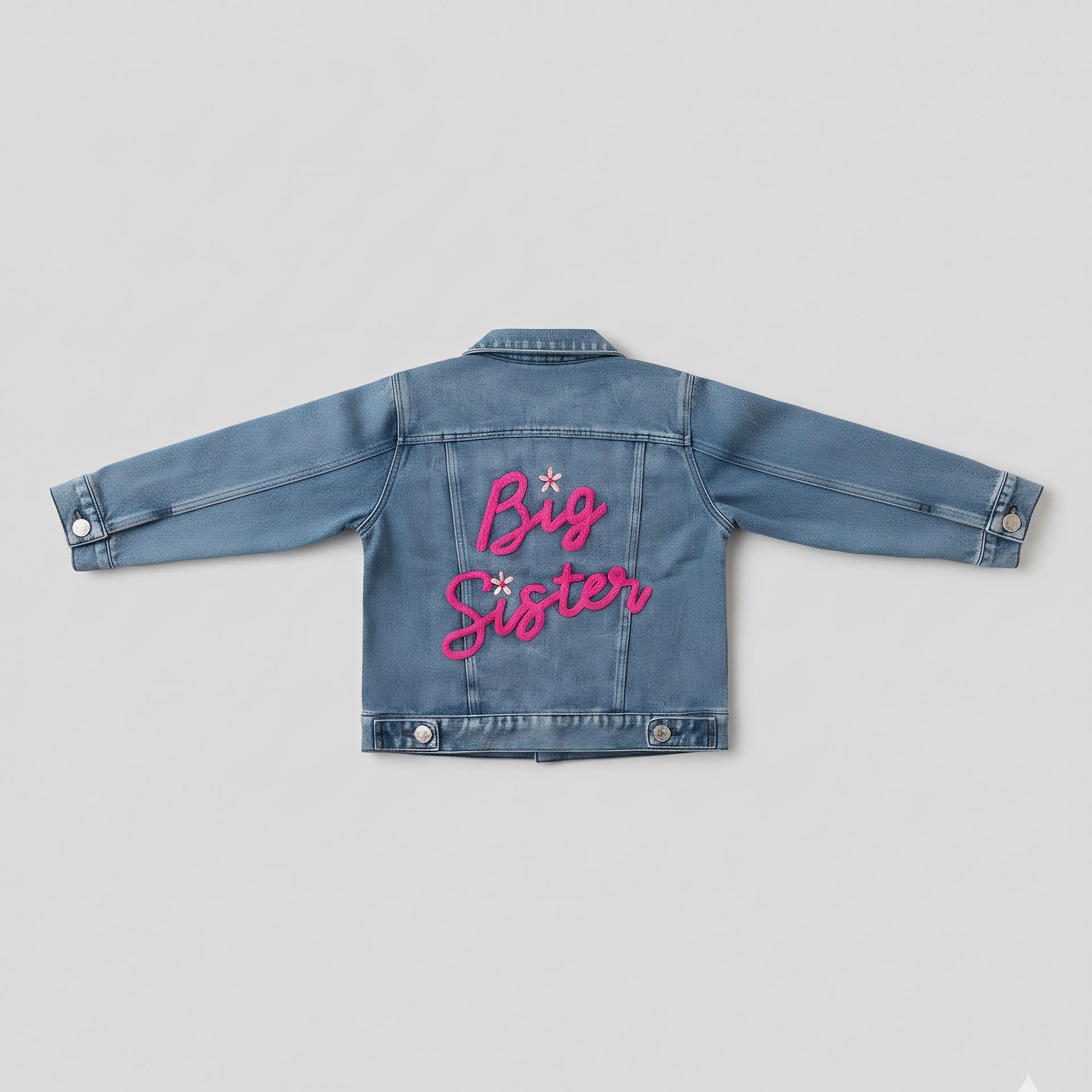 Denim Bubba's and Mama's jacket with 'Big Sister' text on a gray background