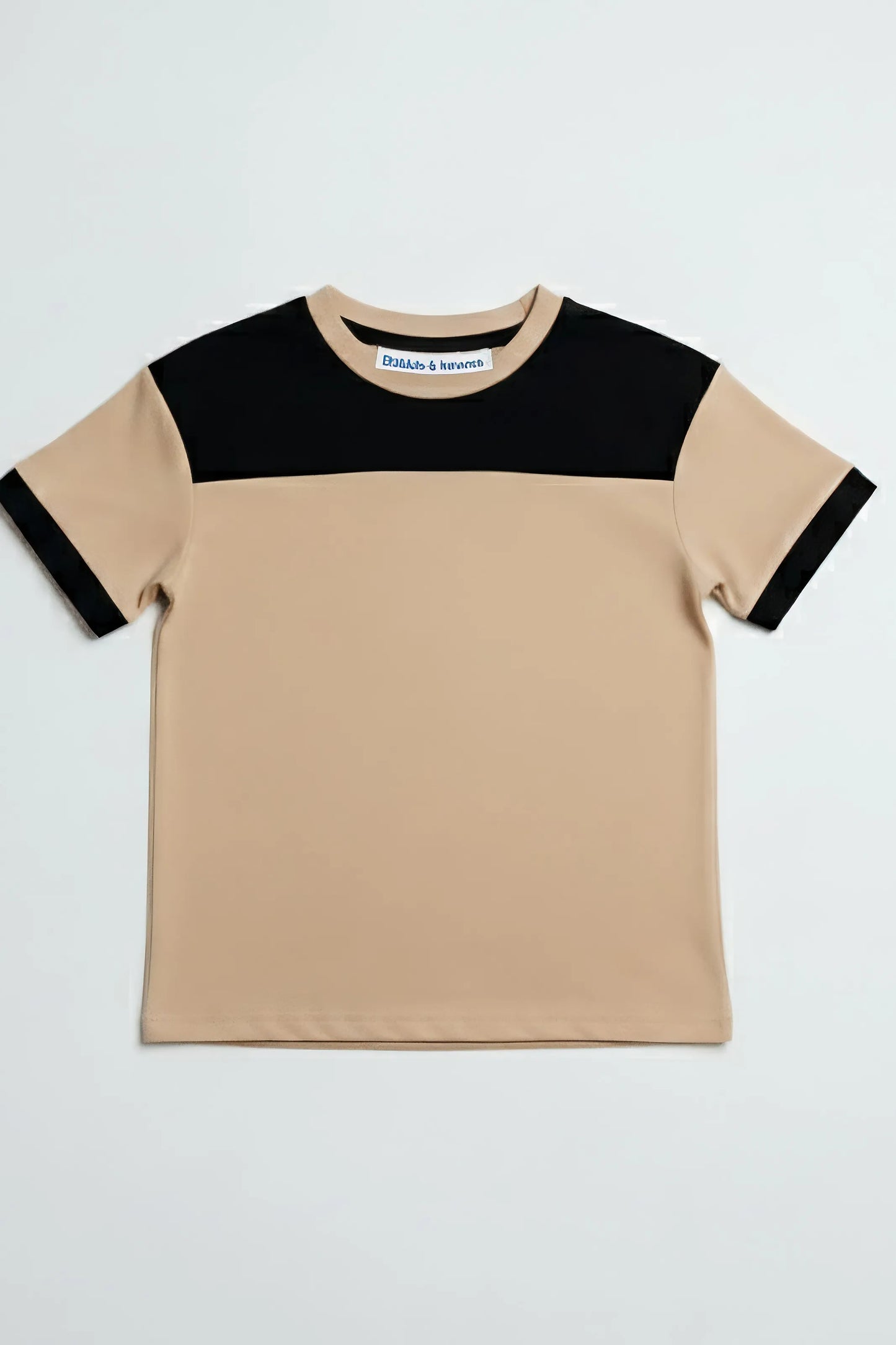 Bubba's and Mama's Beige and black color-blocked t-shirt on a light gray background