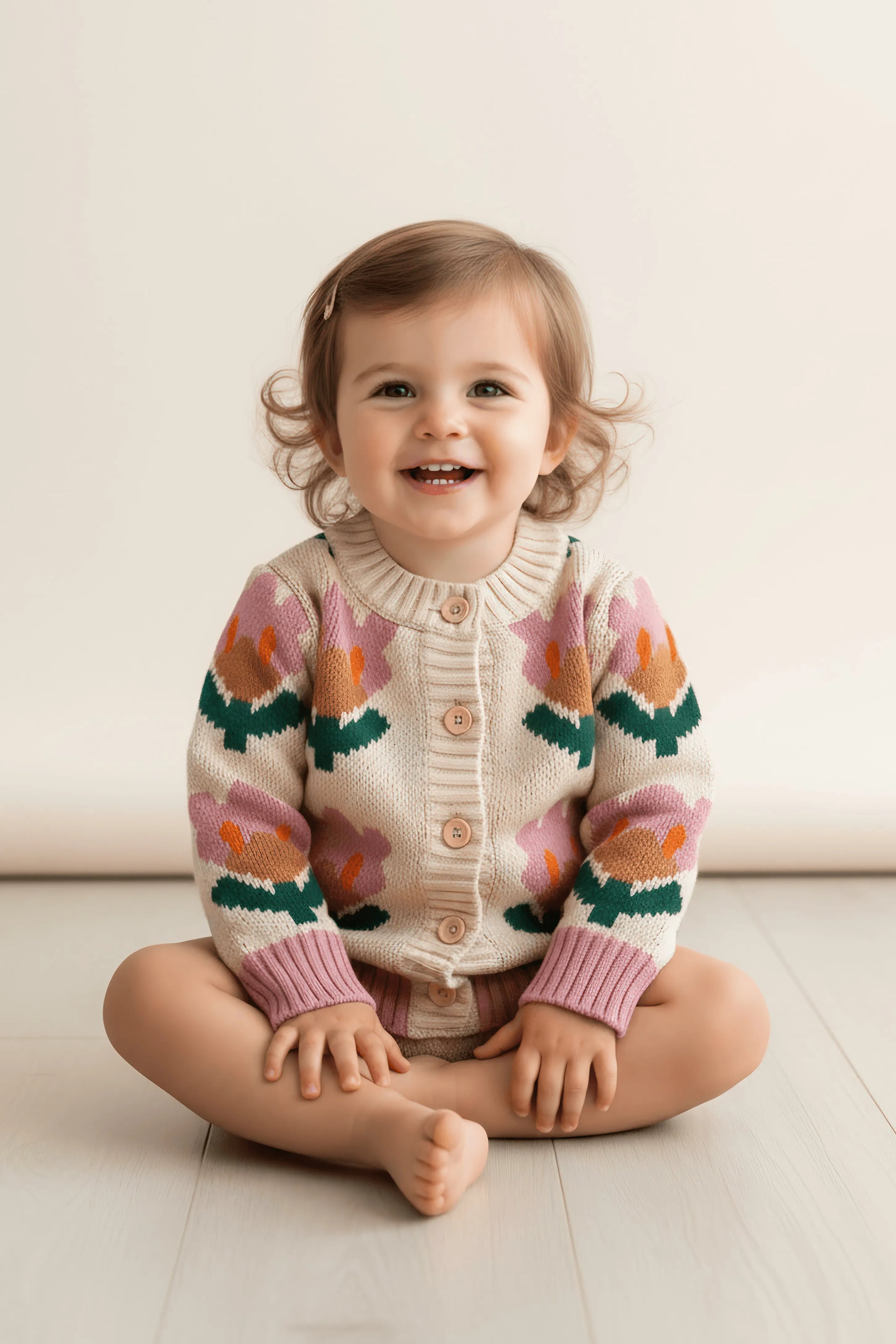 Child wearing a floral Bubba's and Mama's sweater sitting on a light-colored floor.