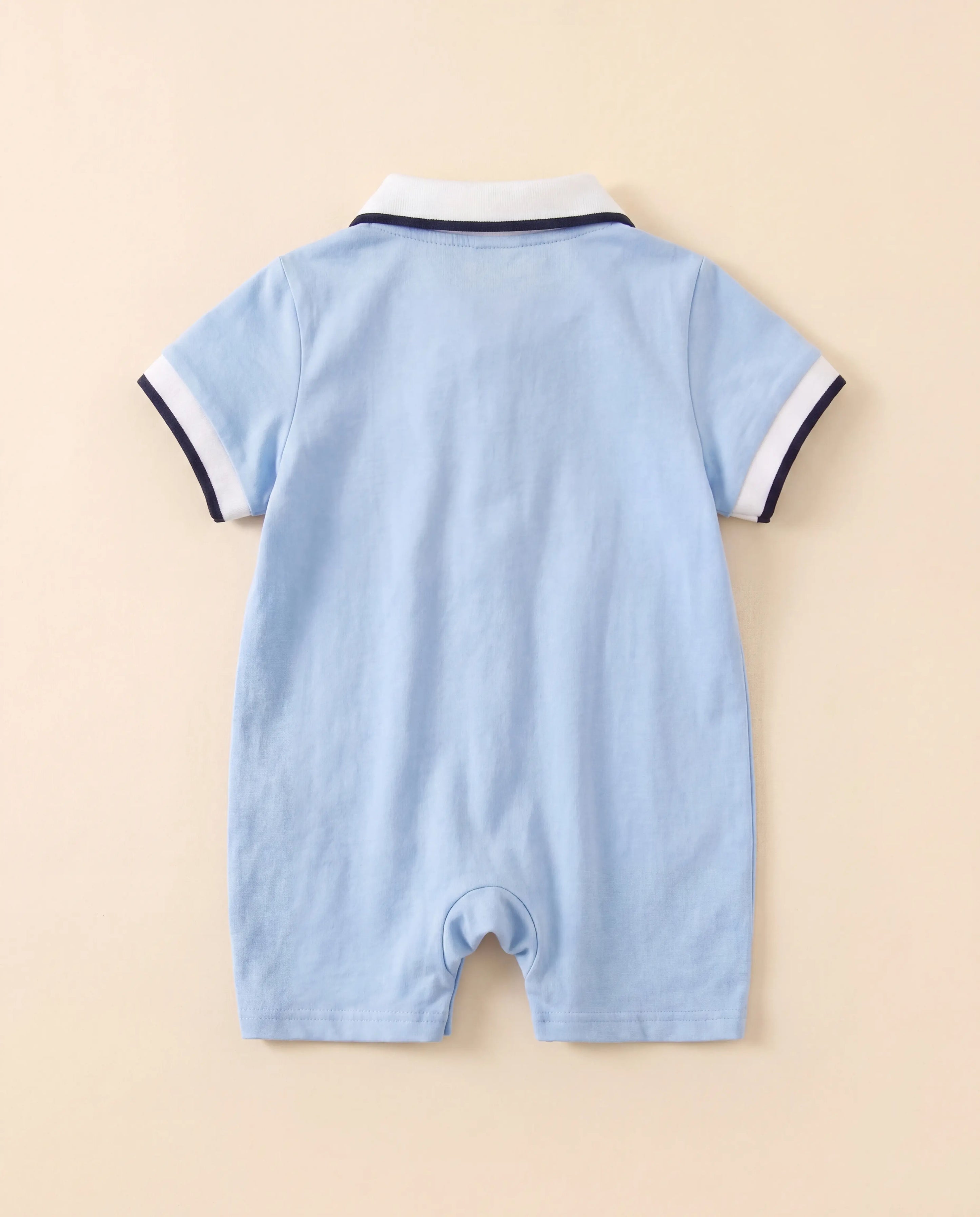 Back view of blue polo baby romper with classic collar design