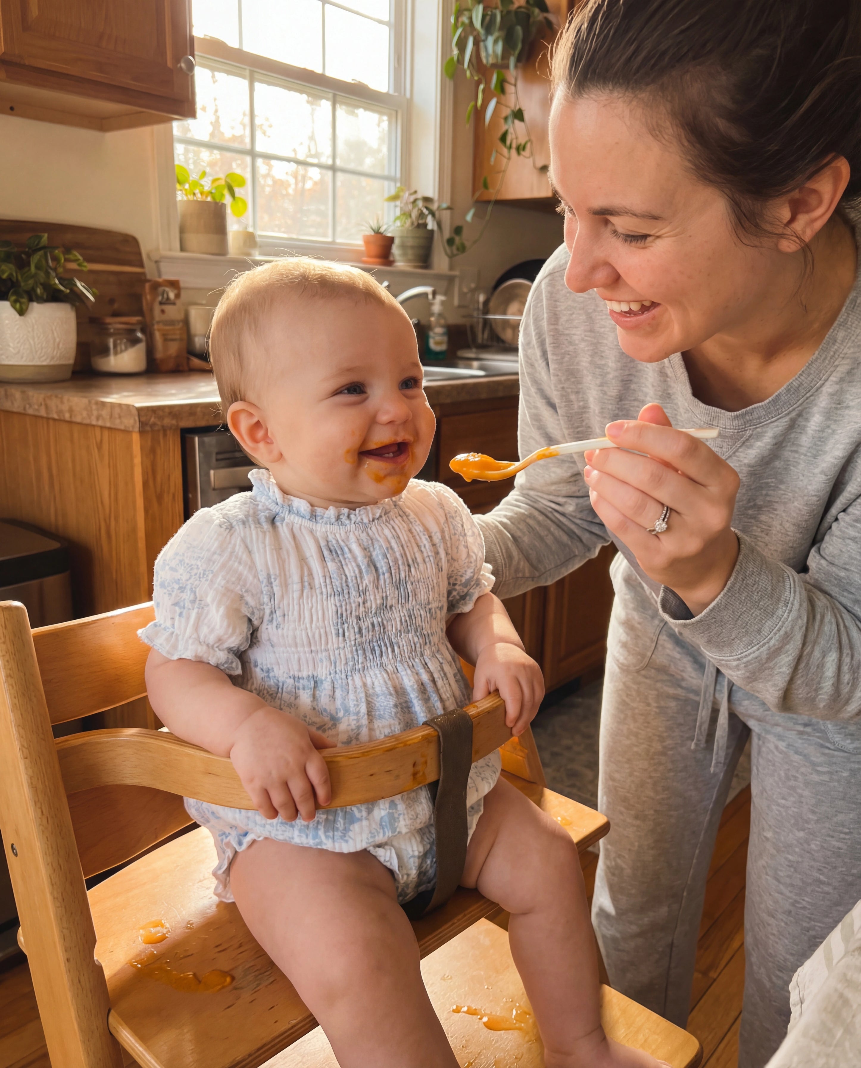 Woman feeding a baby in a high chair in a kitchen.