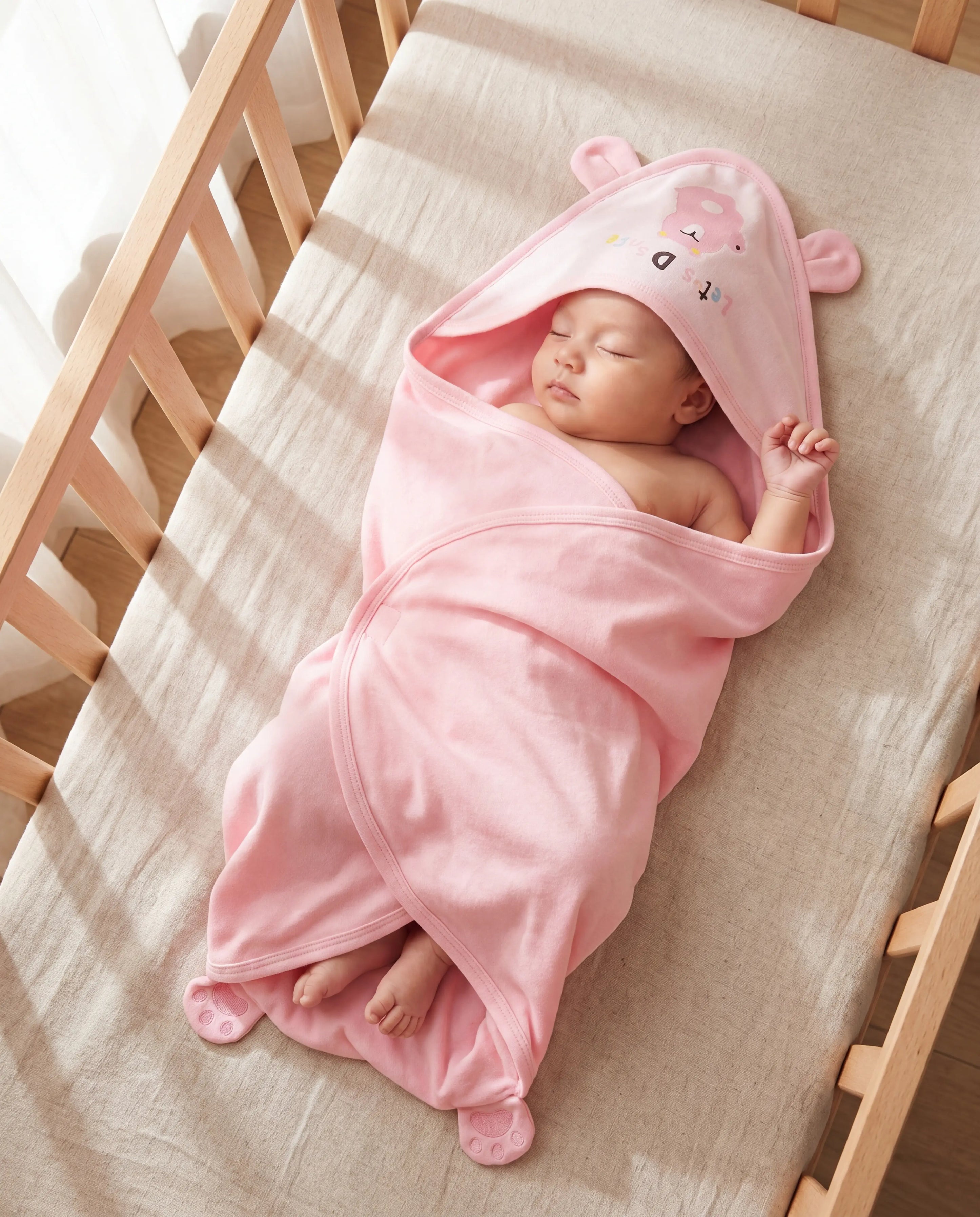 Newborn baby wrapped in a pink hooded blanket on a wooden crib.