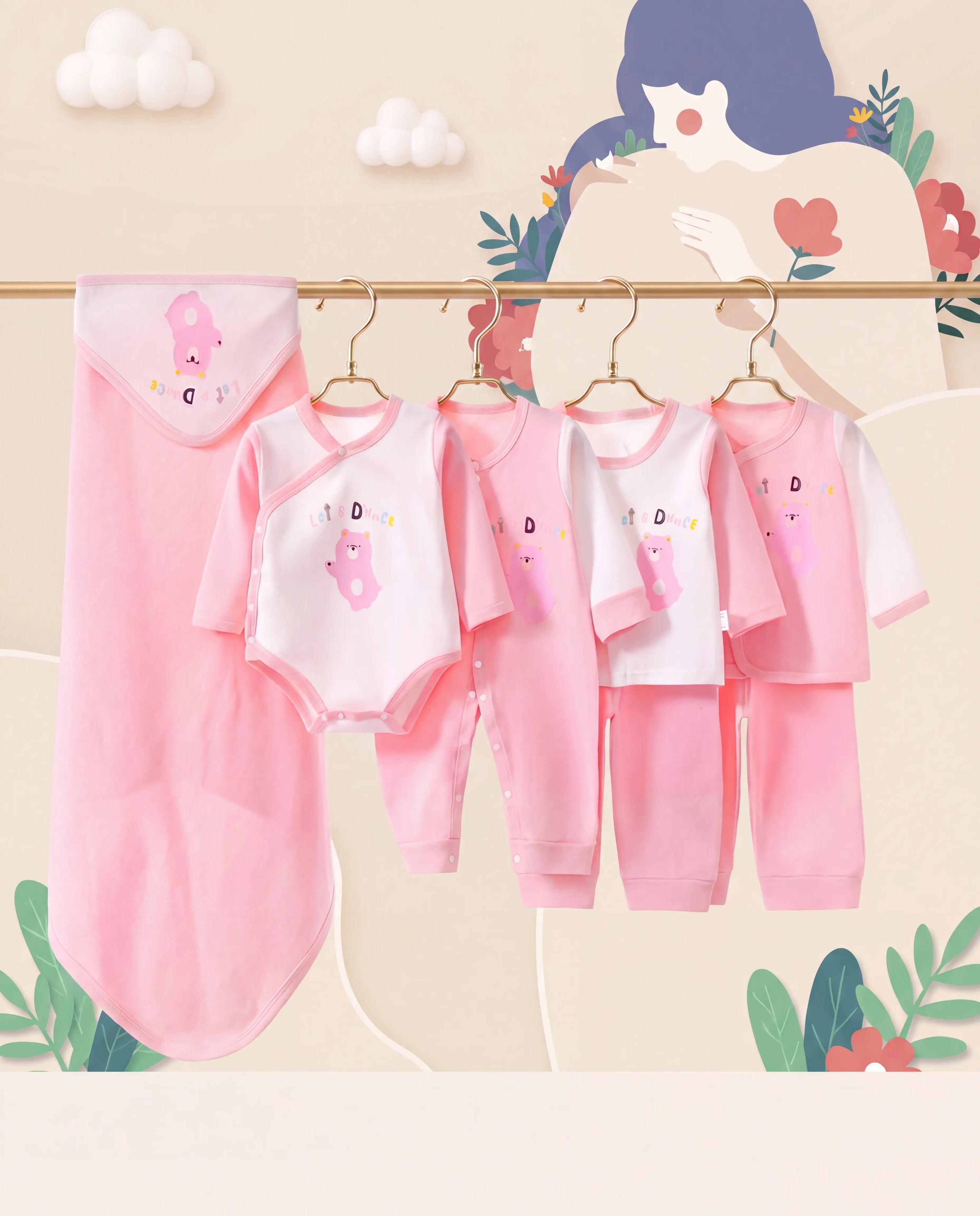 Set of pink baby clothes on hangers against a decorative background with flowers and clouds.