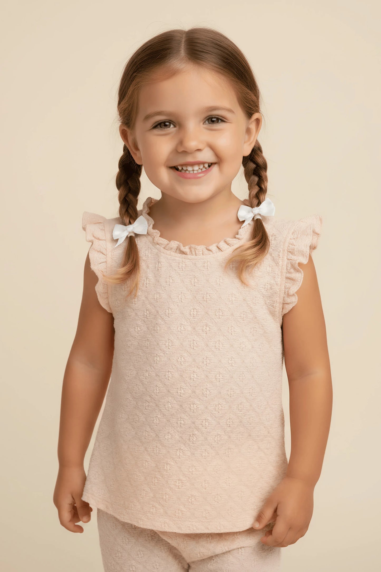 Young girl wearing a light pink Bubba's and Mama's top with ruffled sleeves on a beige background