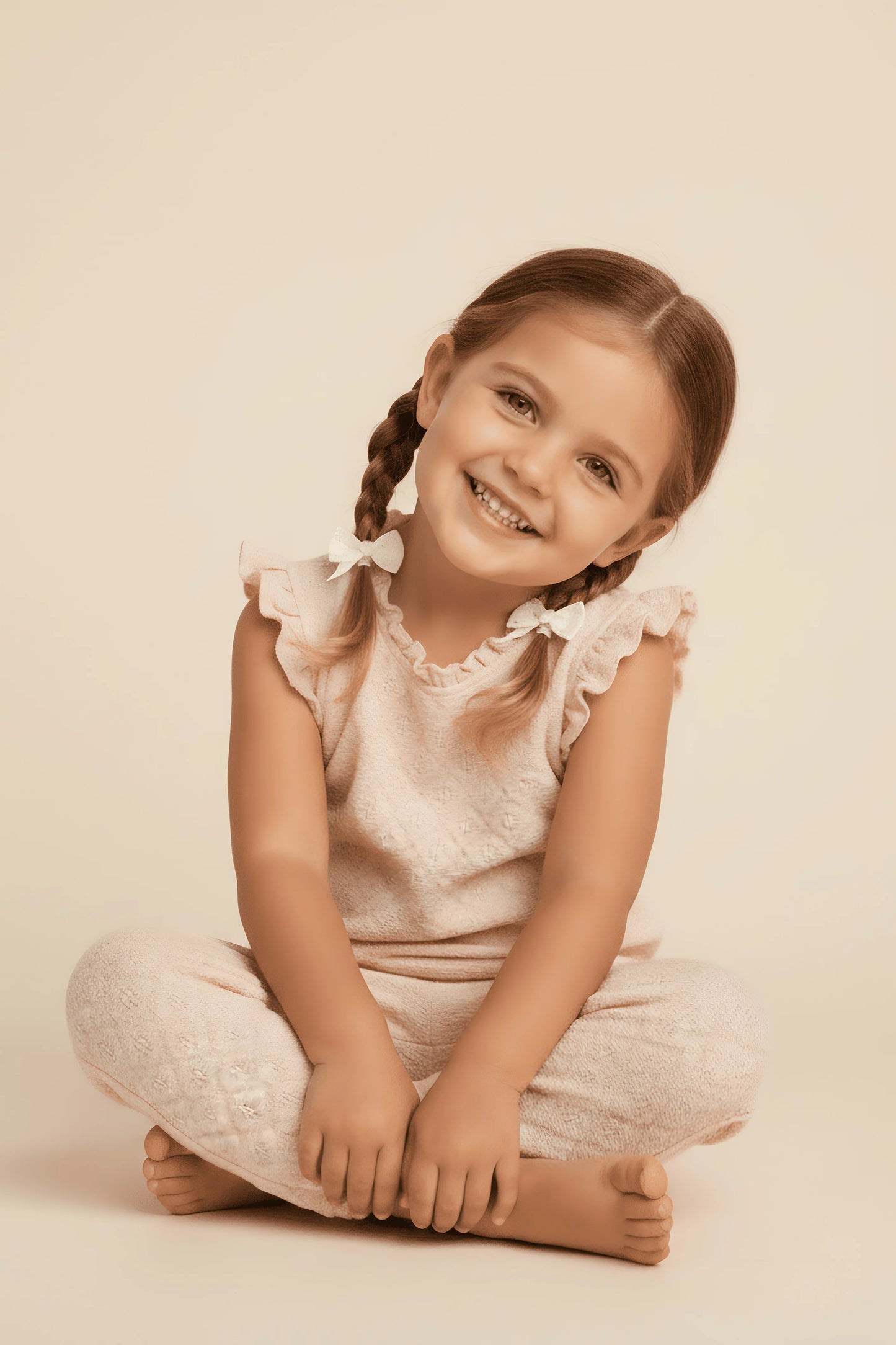 Young girl sitting on a light beige background wearing a matching Bubba's and Mama's outfit with ruffled sleeves and pants.