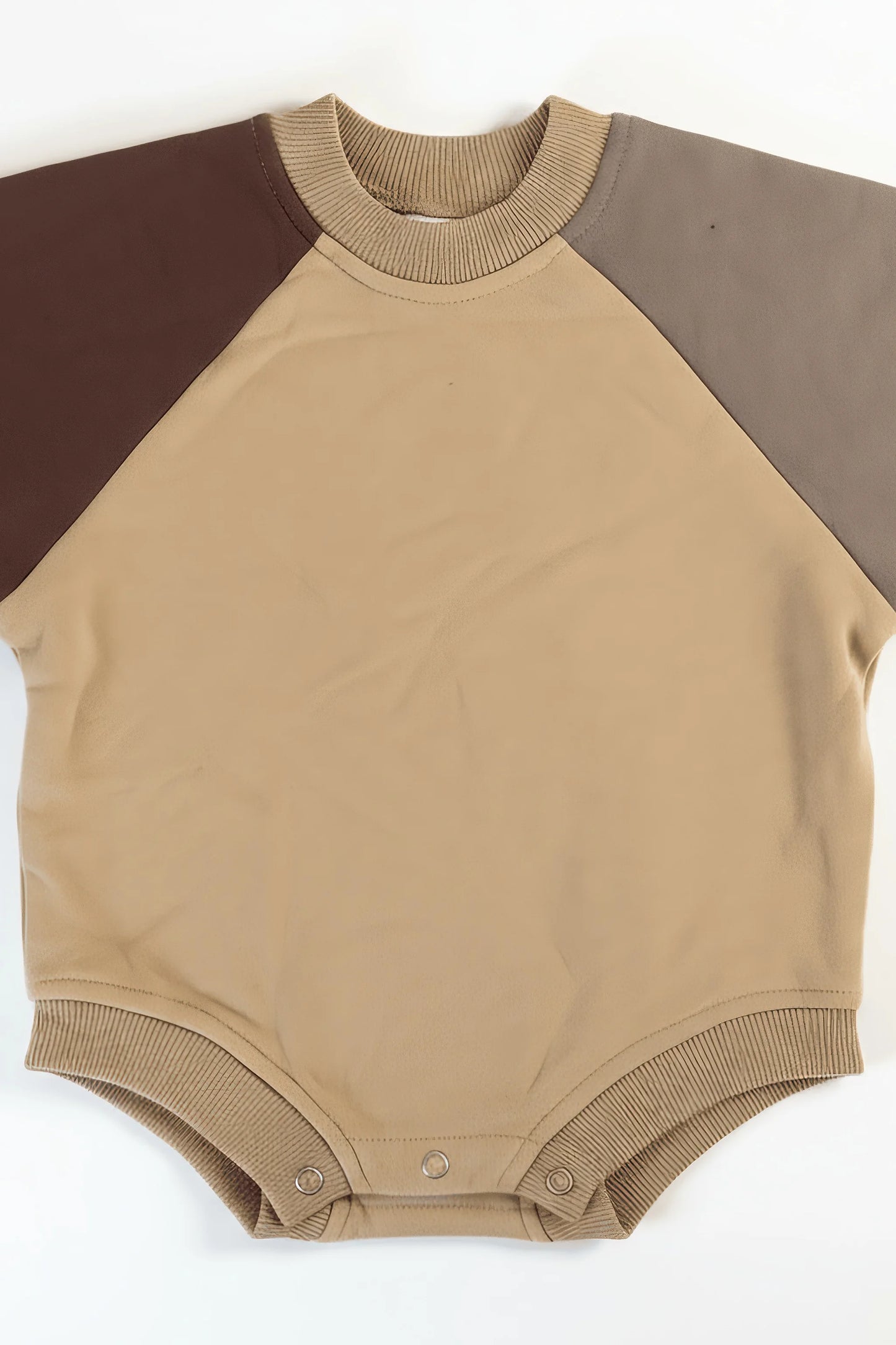 Brown and beige baby Bubba's and Mama's romper on a white background