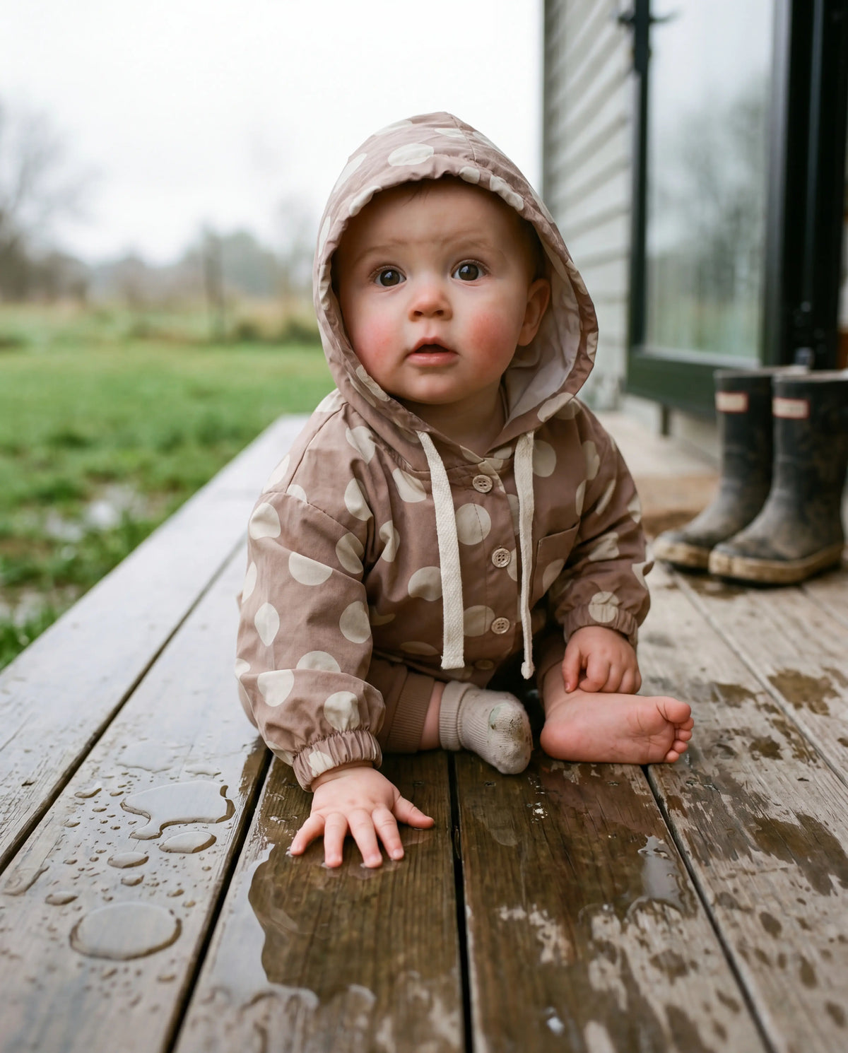 Brown Polka Dot Hooded Windbreaker