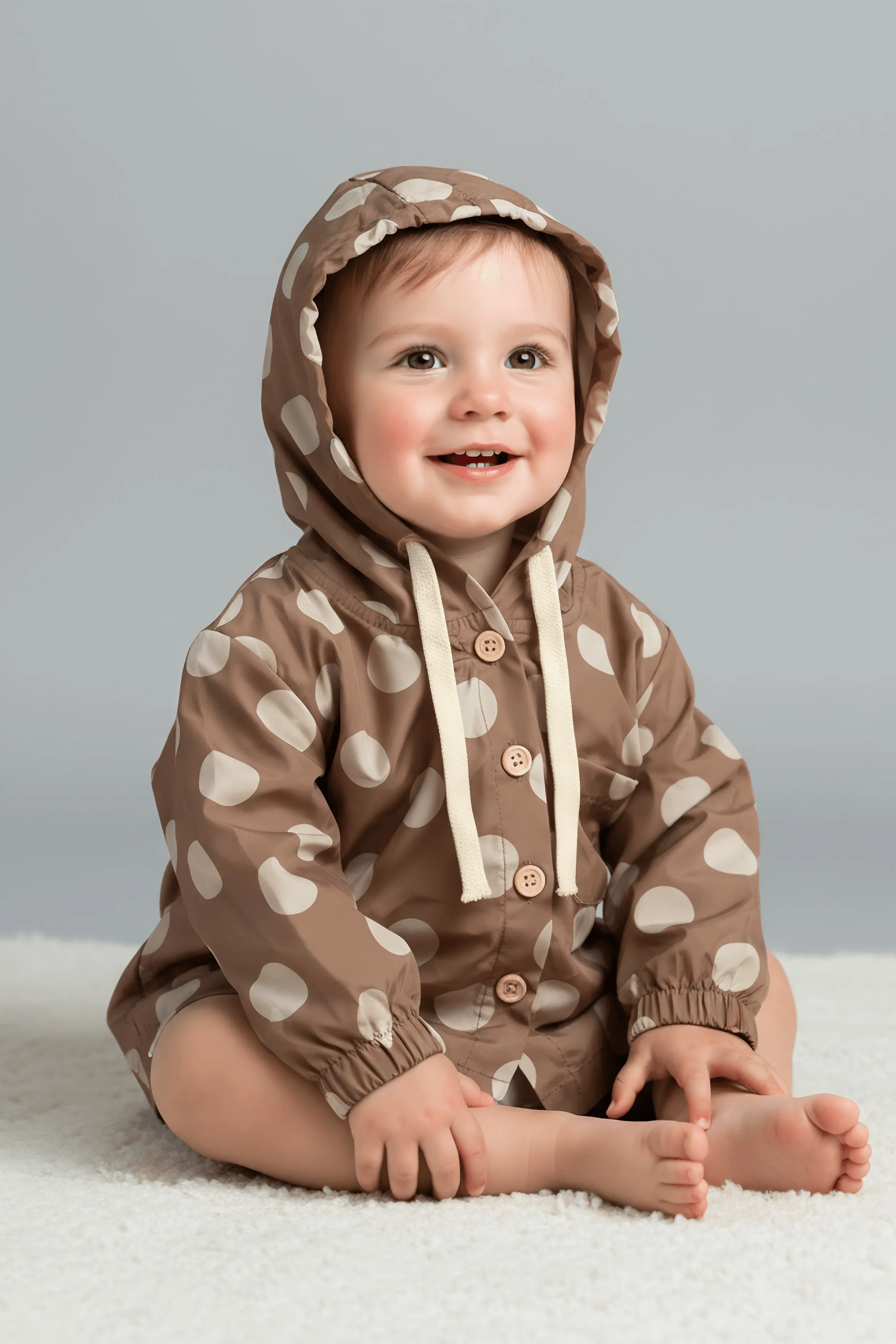 Baby wearing a brown and white polka dot Bubba's and Mama's raincoat sitting on a white surface with a gray background