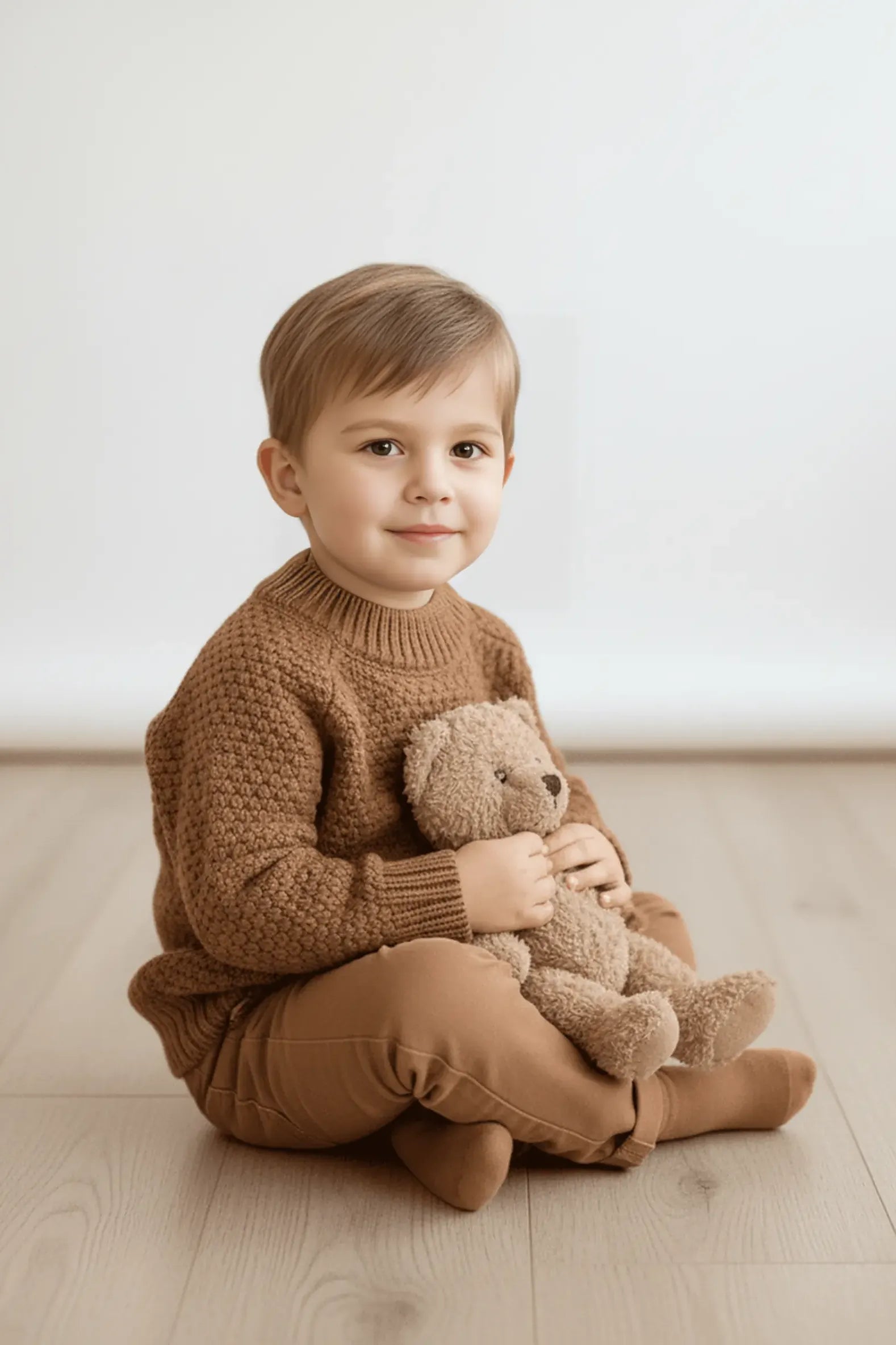 Child wearing a brown Bubba's and Mama's sweater holding a teddy bear on a light wooden floor.