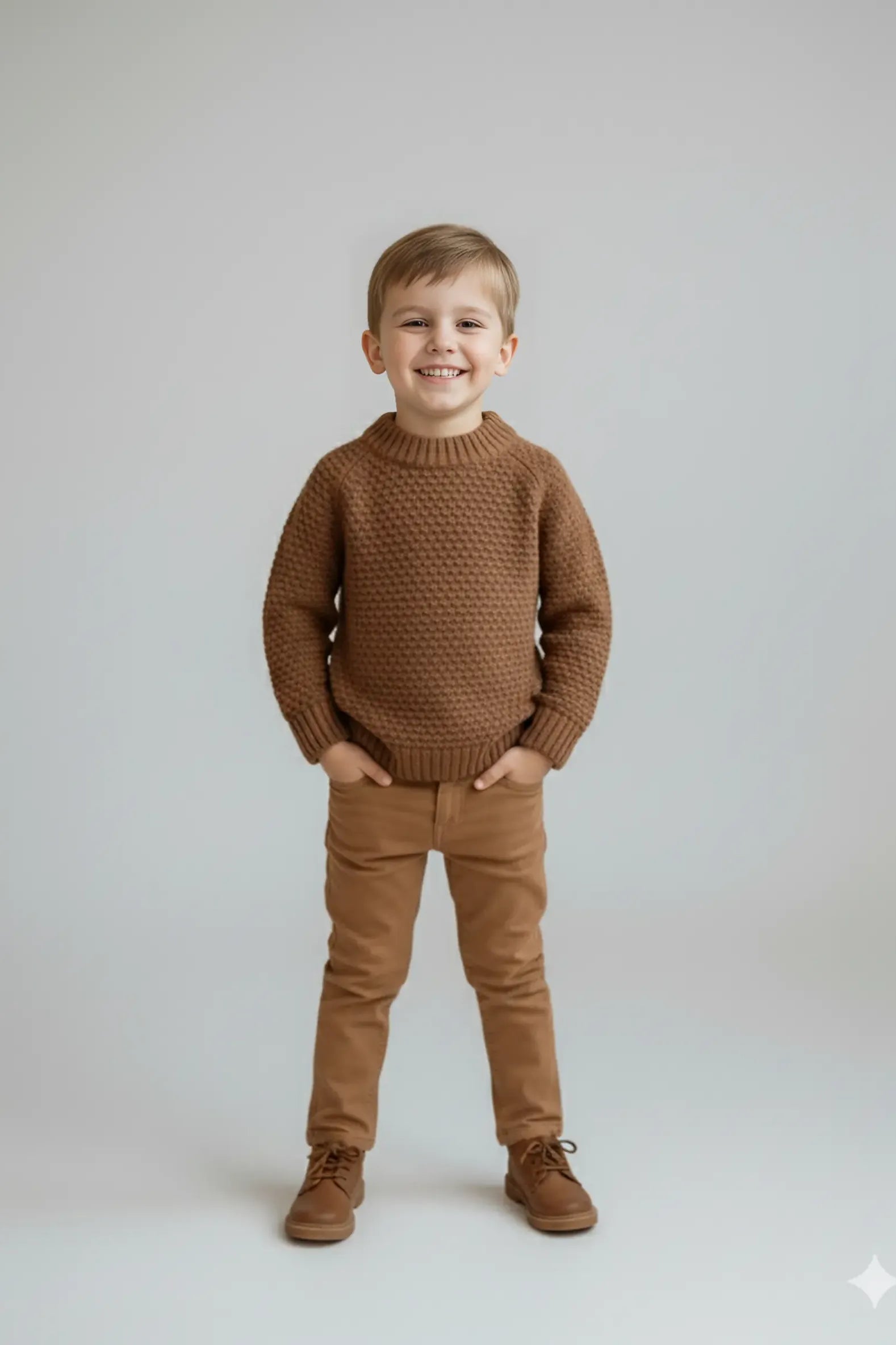 Child wearing a brown sweater and pants on a plain background