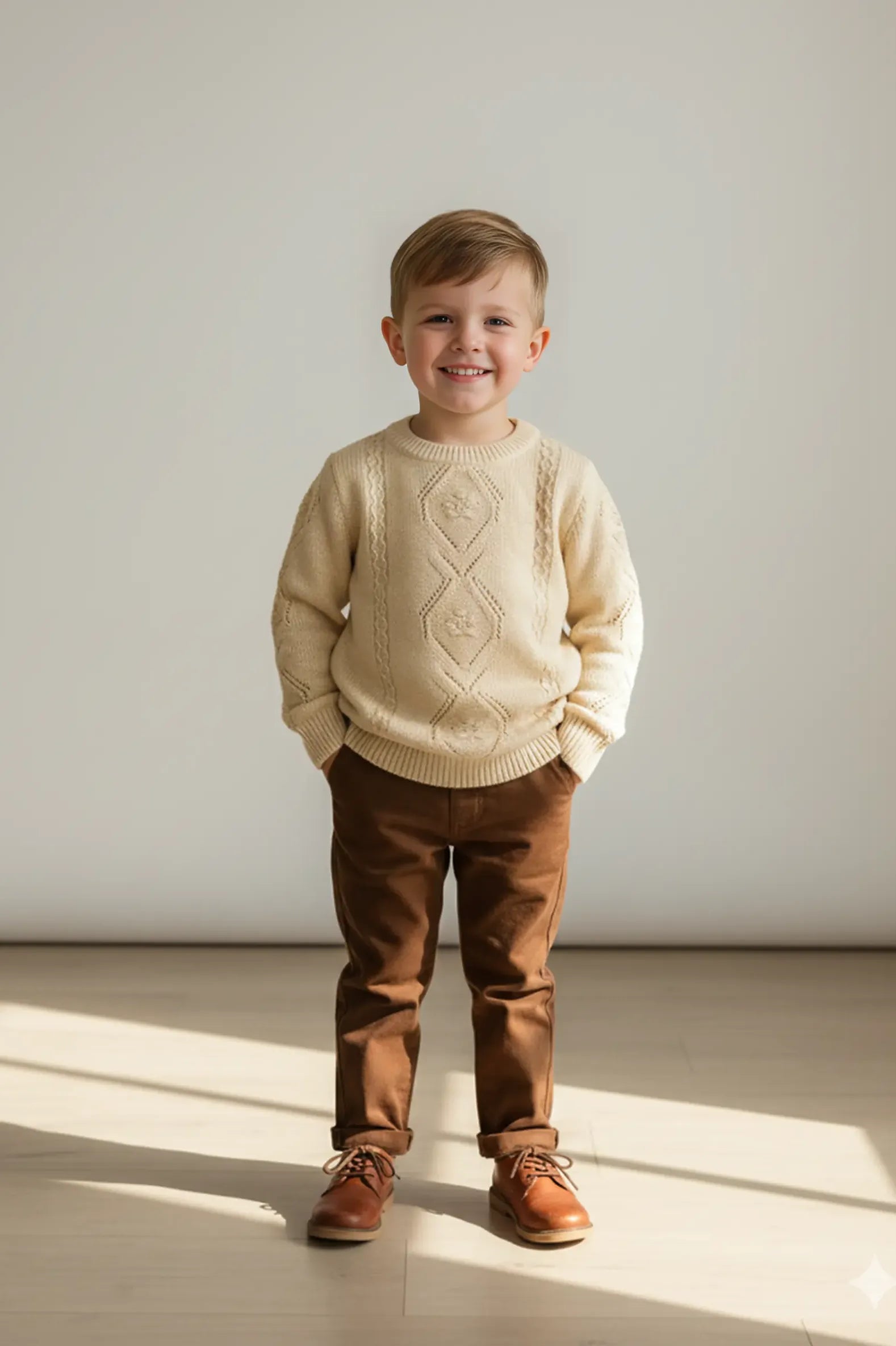 Child wearing a beige Bubba's and Mama's sweater and brown pants standing in a well-lit room.