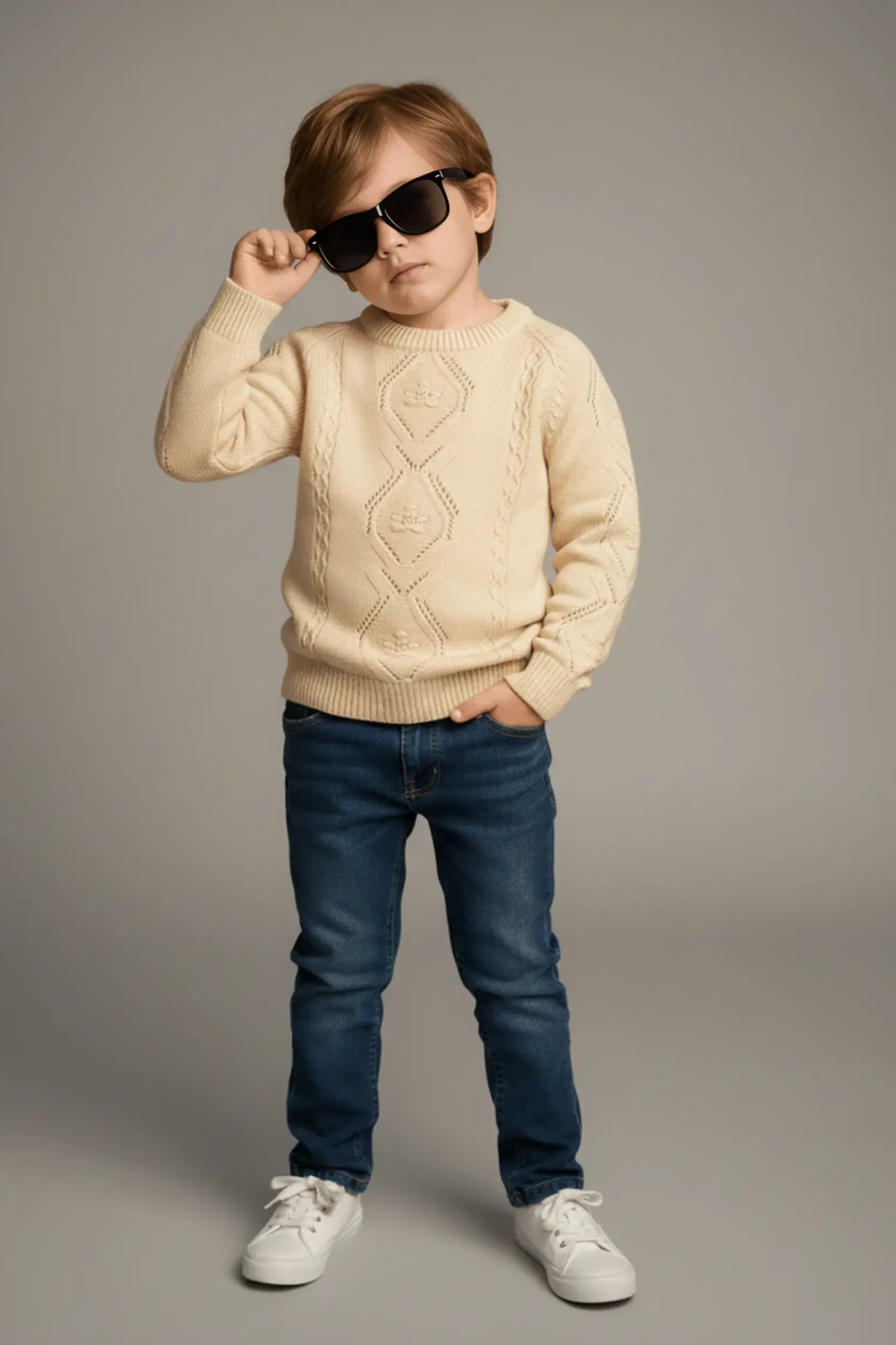 Child wearing a beige Bubba's and Mama's sweater, blue jeans, and sunglasses against a gray background