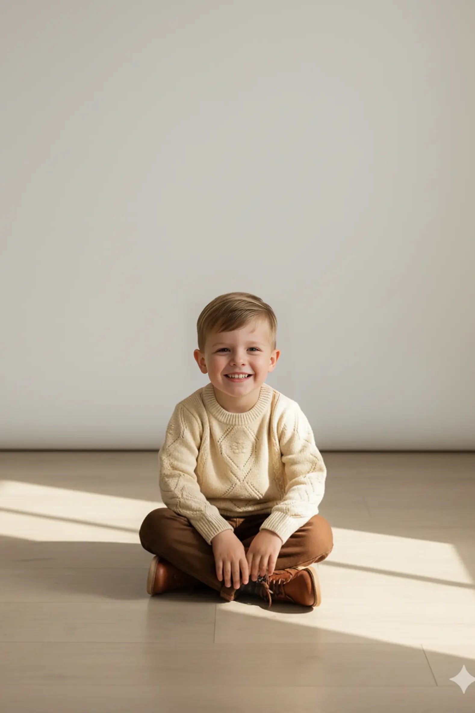 Young boy sitting on the floor in a well-lit room with a neutral background